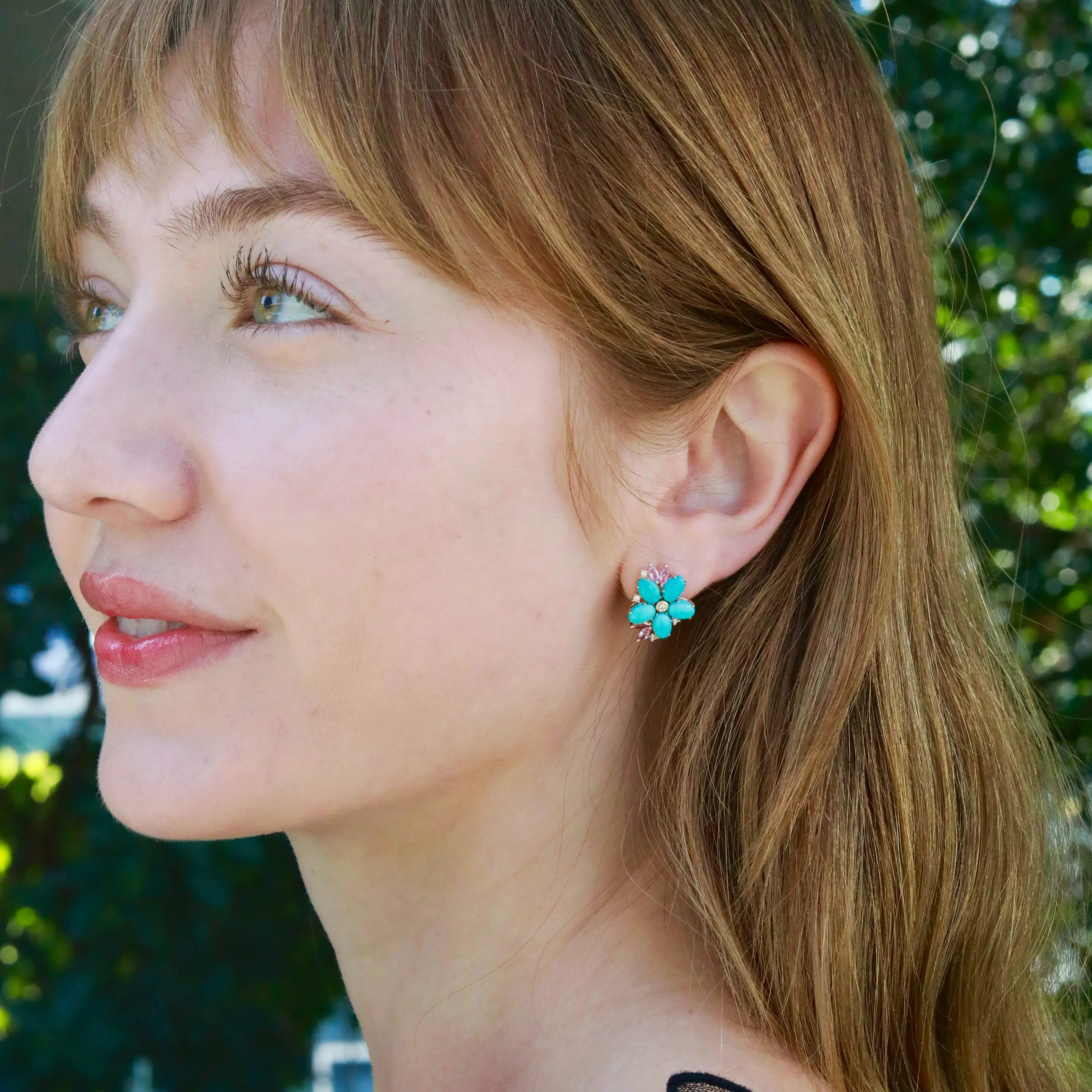 Nina Zhou 14k Yellow Gold Natural Turquoise Pink Sapphire Diamond Blossom Earrings