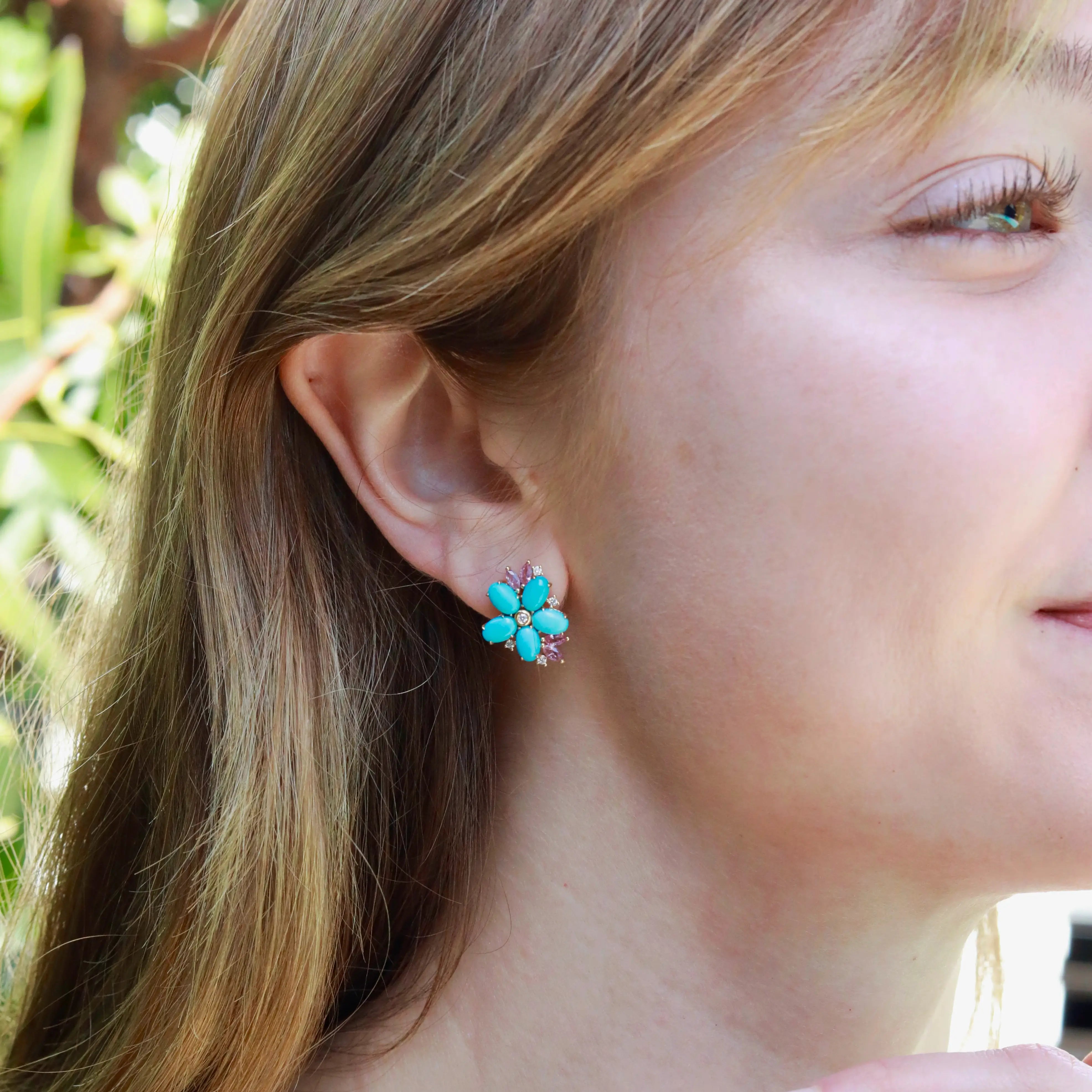 Nina Zhou 14k Yellow Gold Natural Turquoise Pink Sapphire Diamond Blossom Earrings