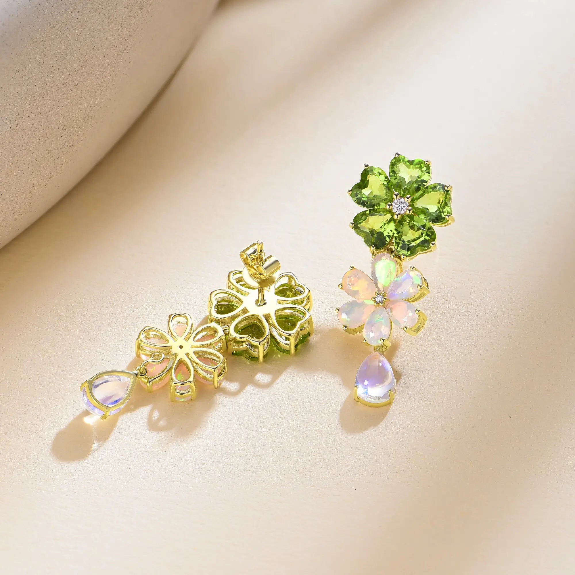 Nina Zhou 14k Gold Island Blossoms Natural Peridot Opal Diamond Moonstone Convertible Drop Earrings 