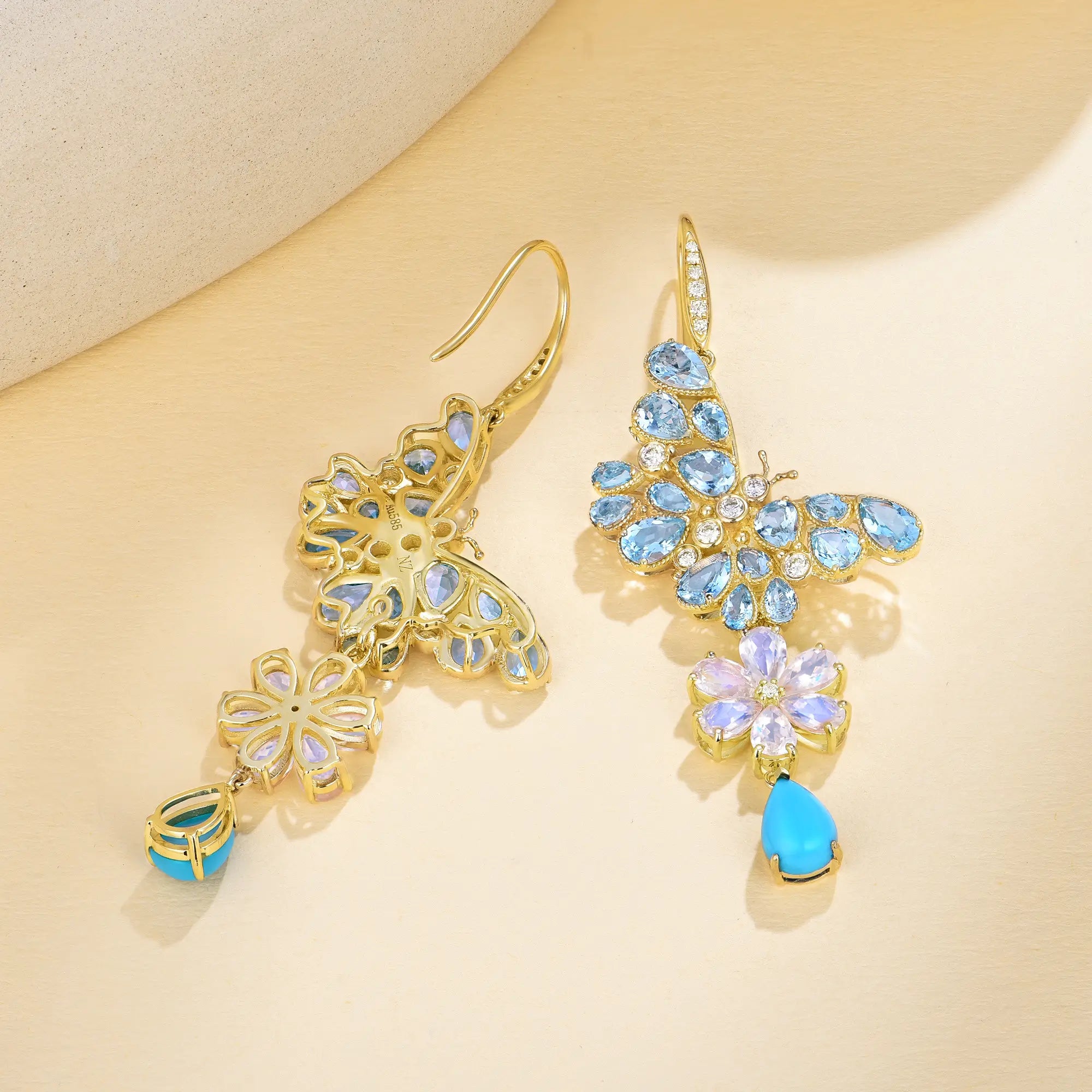 Nina Zhou Butterfly Blossom Natural Aquamarine, Moonstone, Turquoise & Diamond Convertible Drop Earrings 14k gold