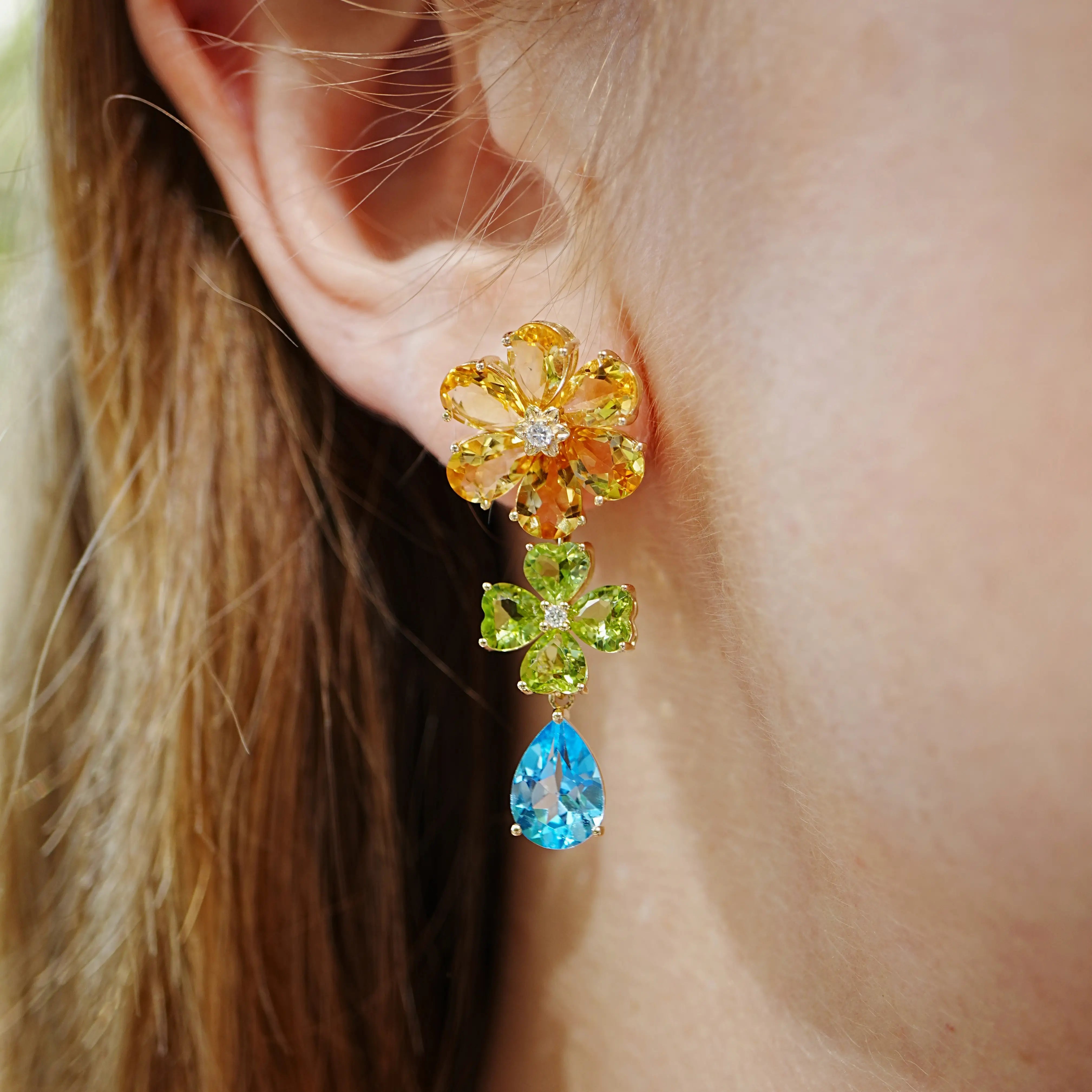 Nina Zhou 14k Gold Island Blossoms Citrine Peridot Diamond Topaz Convertible Drop Earrings