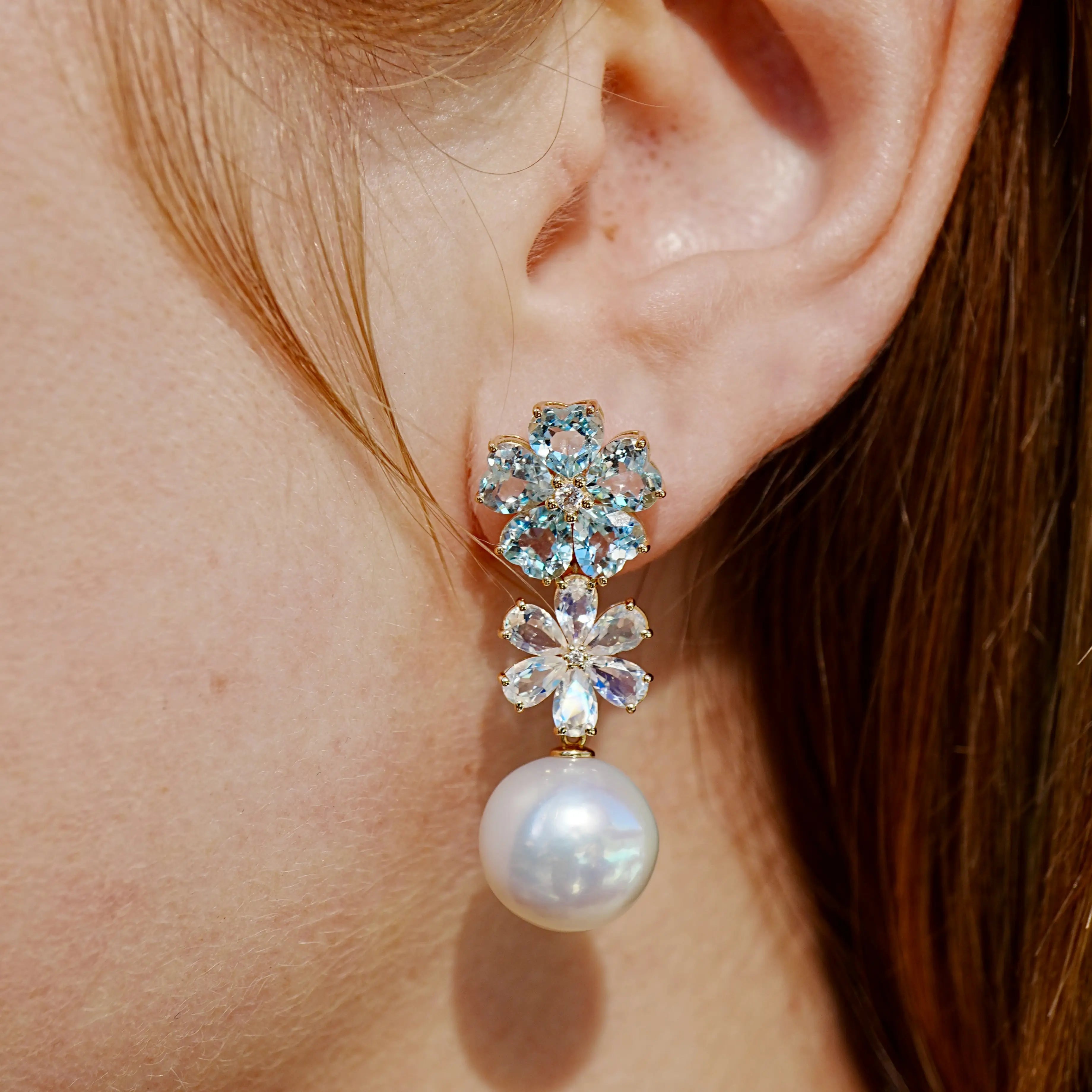 Nina Zhou 14K Gold Island Blossoms Natural Aquamarine Moonstone Diamond Freshwater Pearls Convertible Drop Earrings