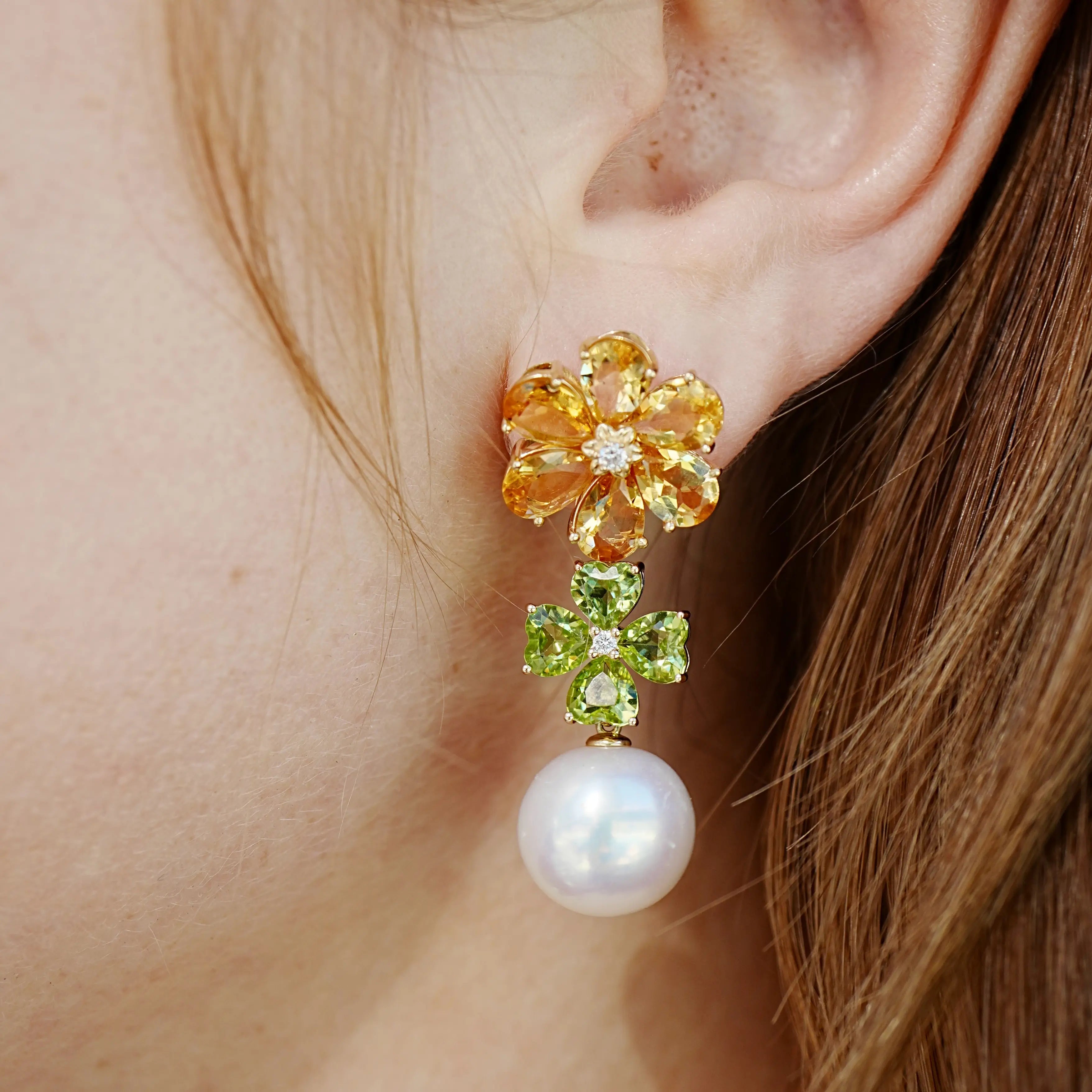 Nina Zhou 14k gold Island Blossoms Citrine Peridot Diamond Pearl Convertible Drop Earrings