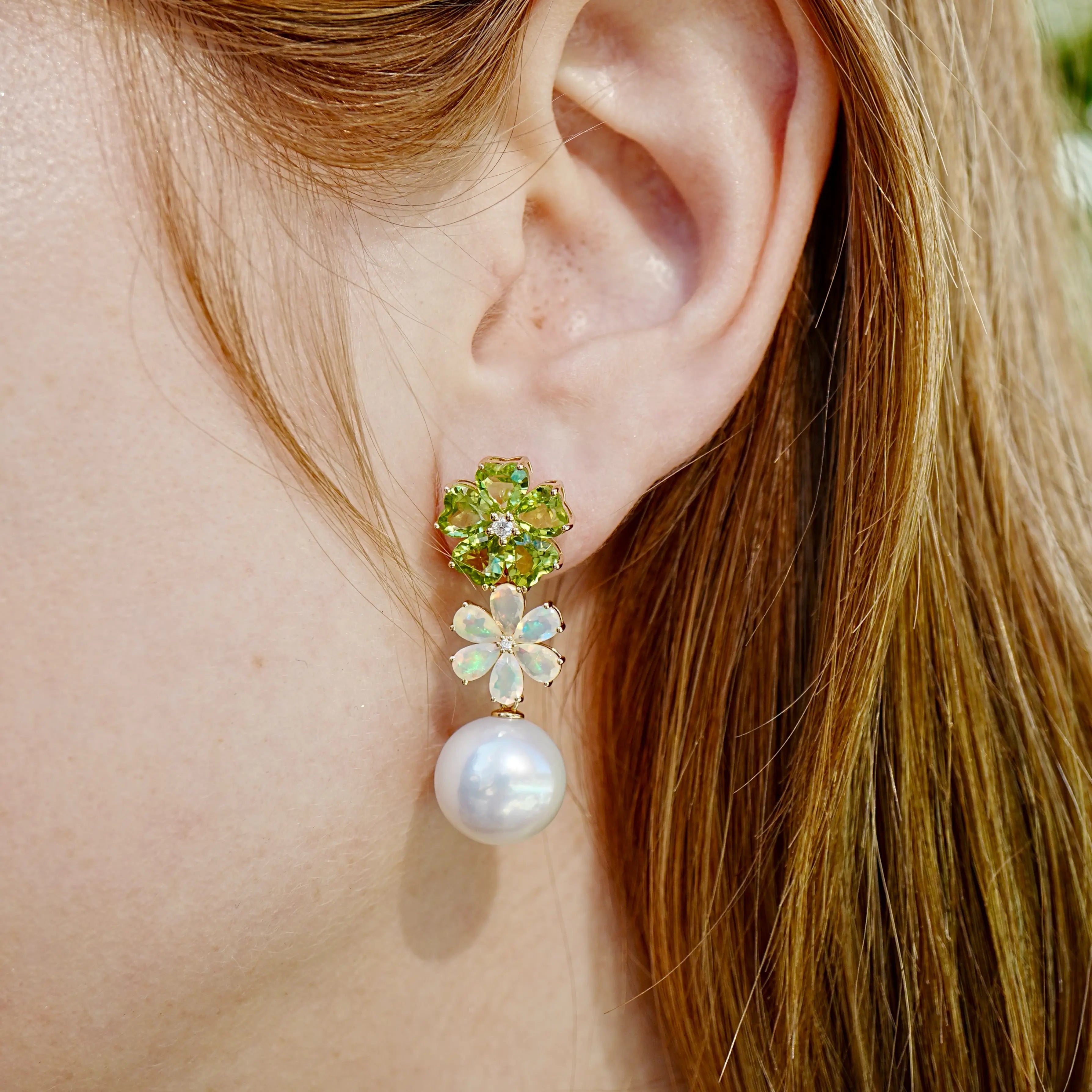 Nina Zhou 14k Gold Island Blossoms Peridot Opal Diamond Pearl Convertible Drop Earrings