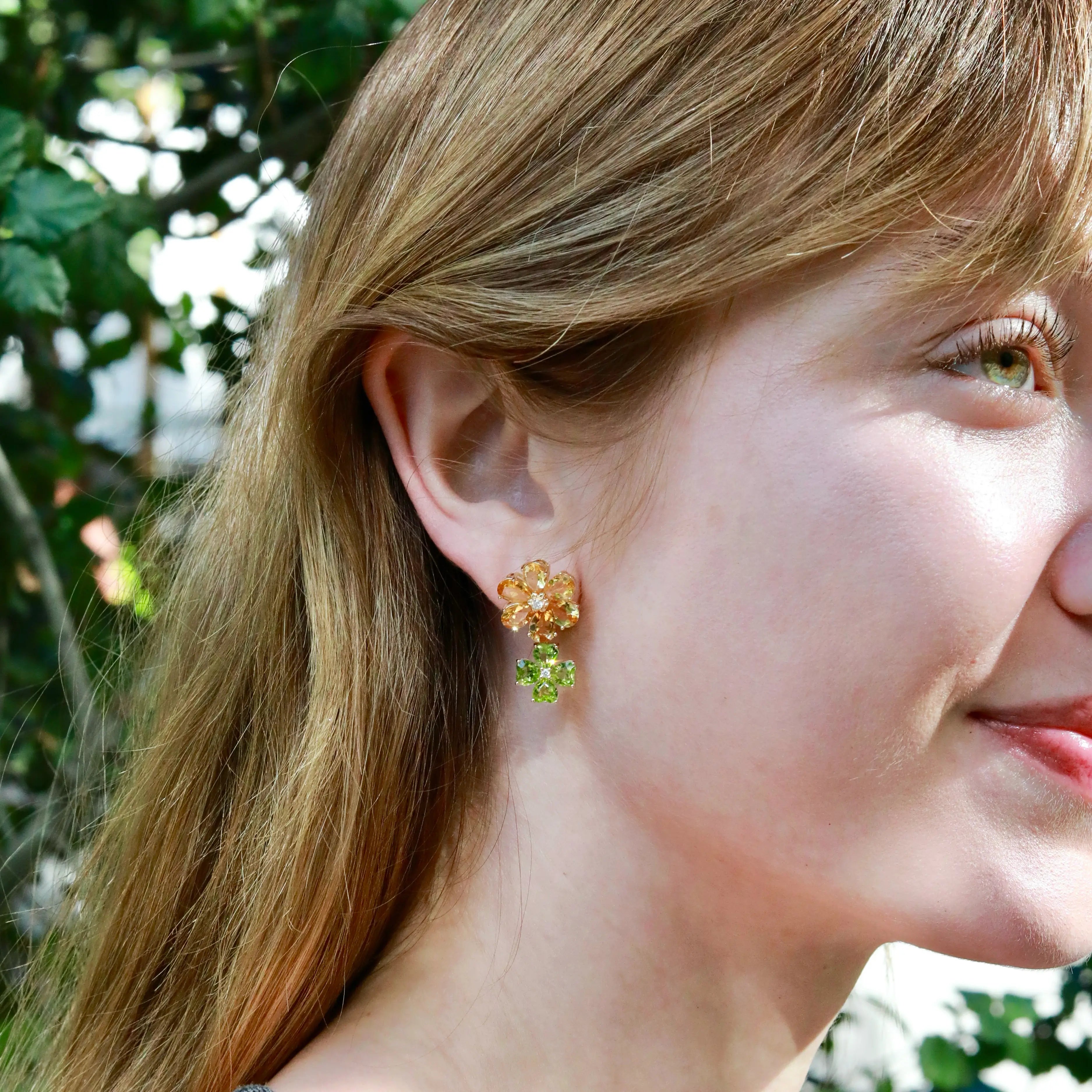 Nina Zhou 14k Gold Island Blossoms Citrine Peridot Diamond Drop Earrings
