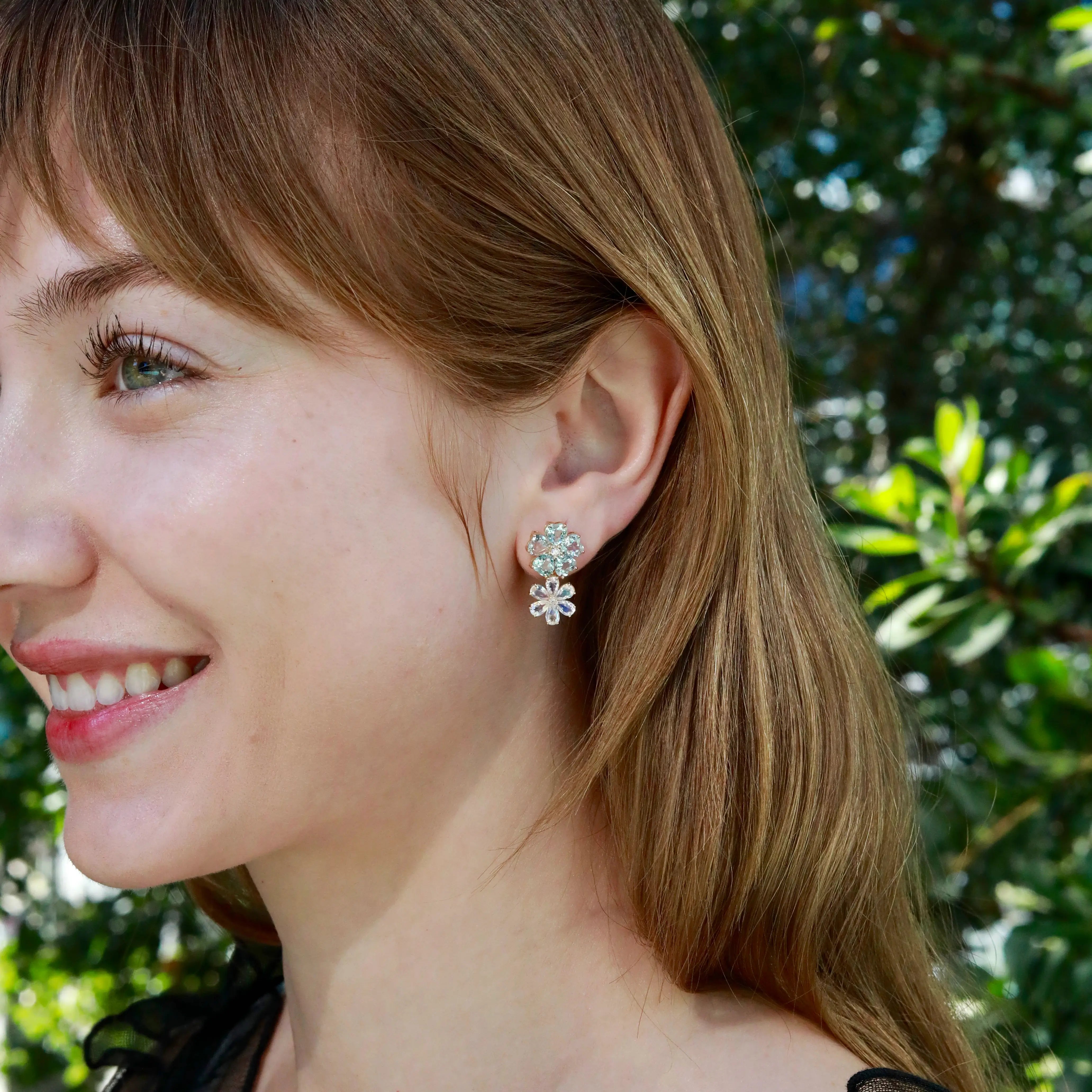 Nina Zhou 14K Gold Island Blossoms Natural Aquamarine Moonstone Diamond Drop Earrings