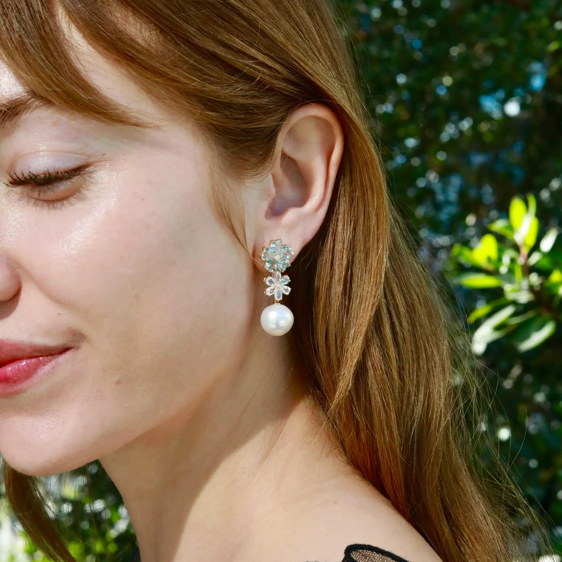 Nina Zhou 14K Gold Island Blossoms Natural Aquamarine Moonstone Diamond Freshwater Pearls Convertible Drop Earrings
