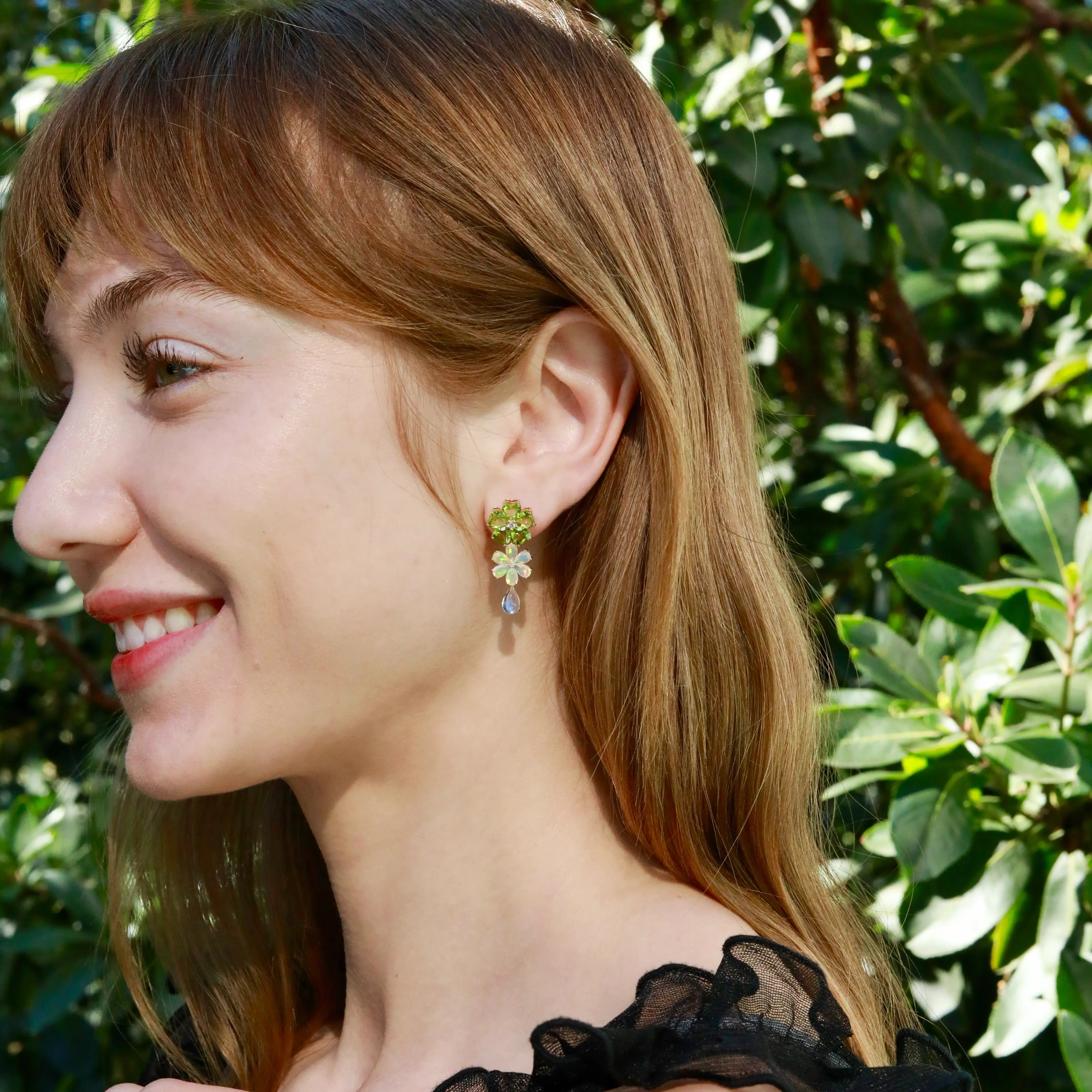Nina Zhou 14k Gold Island Blossoms Natural Peridot Opal Diamond Moonstone Convertible Drop Earrings 