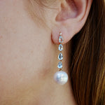 Natural Pear Cut Aquamarine Diamond and freshwater round Pearl Drop Earrings in 18K Gold