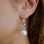Natural Pear Cut Aquamarine Diamond and freshwater round Pearl Drop Earrings in 18K Gold