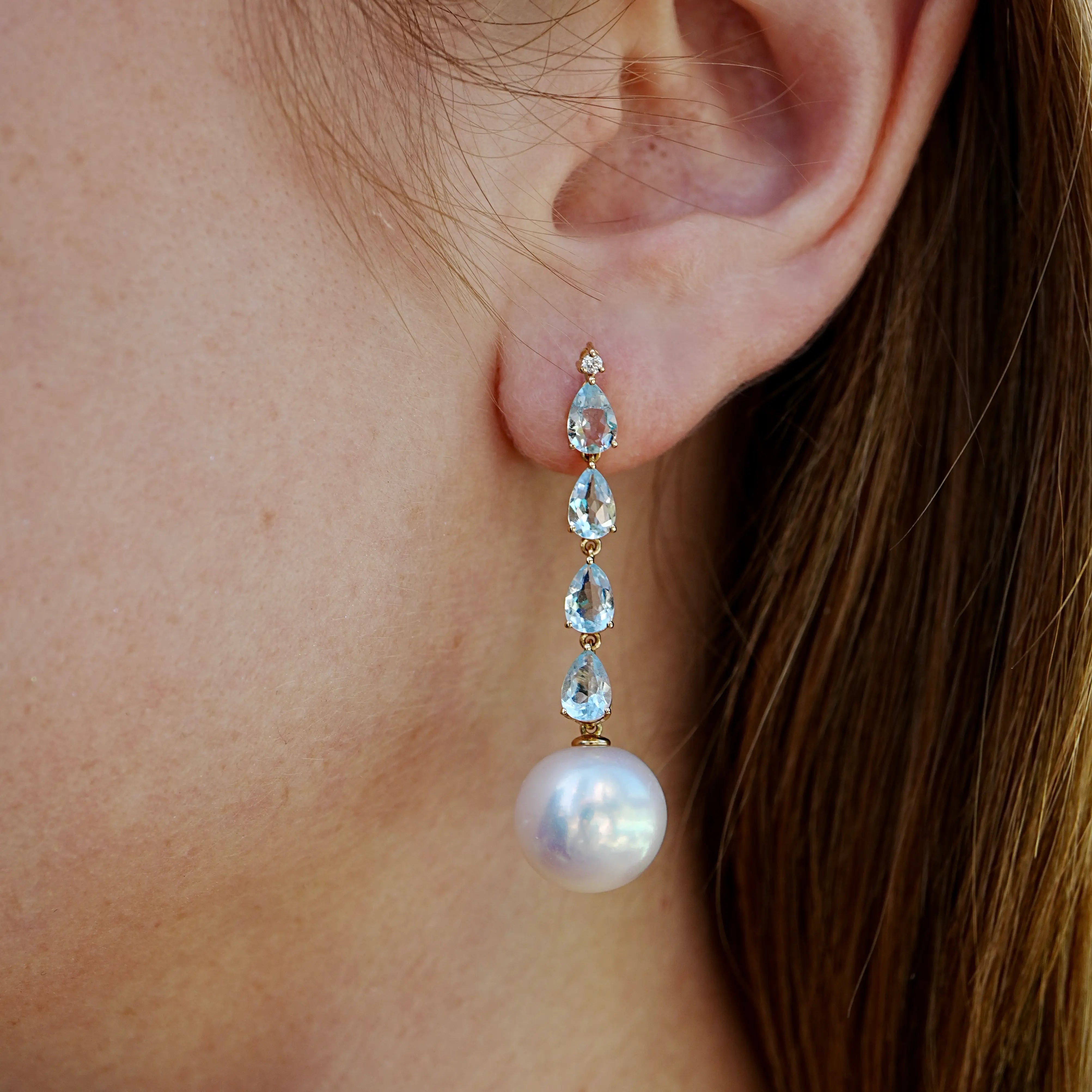 Natural Pear Cut Aquamarine Diamond and freshwater round Pearl Drop Earrings in 18K Gold