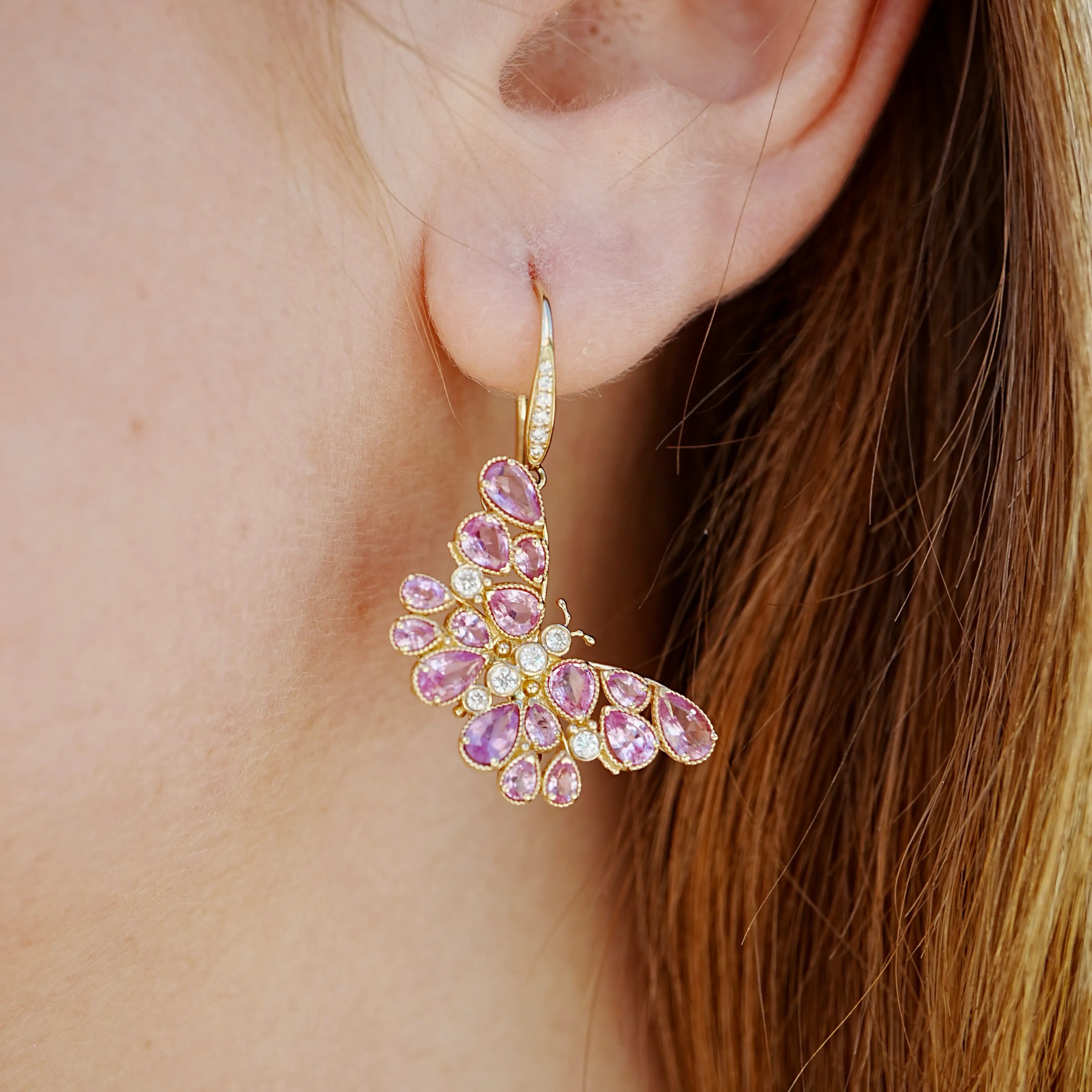 Butterfly Blossom Natural Pink Sapphire Drop Earrings 14k yellow gold