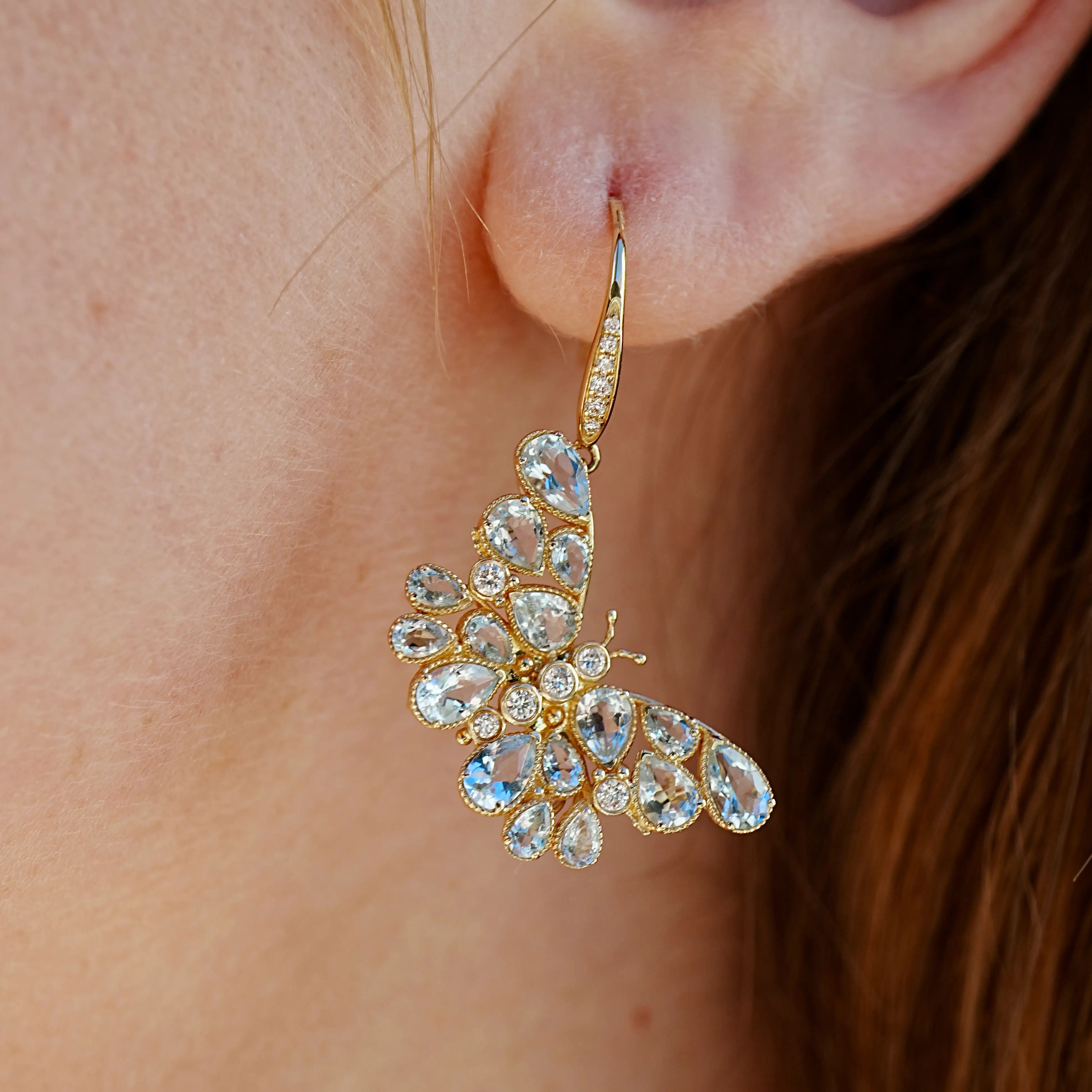 Nina Zhou Butterfly Blossom Natural Aquamarine Drop Earrings 14k gold