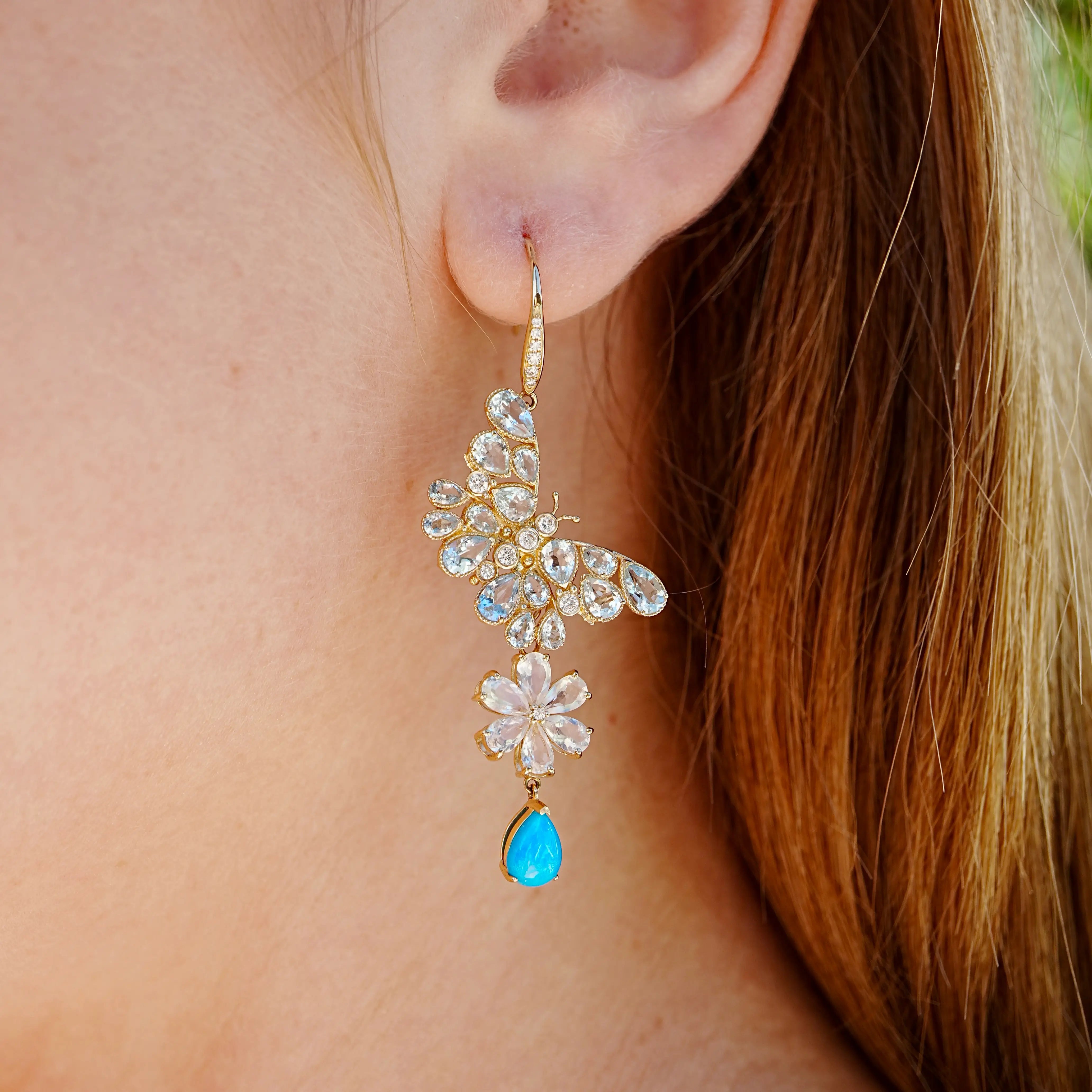 Nina Zhou Butterfly Blossom Natural Aquamarine, Moonstone, Turquoise & Diamond Convertible Drop Earrings 14k gold
