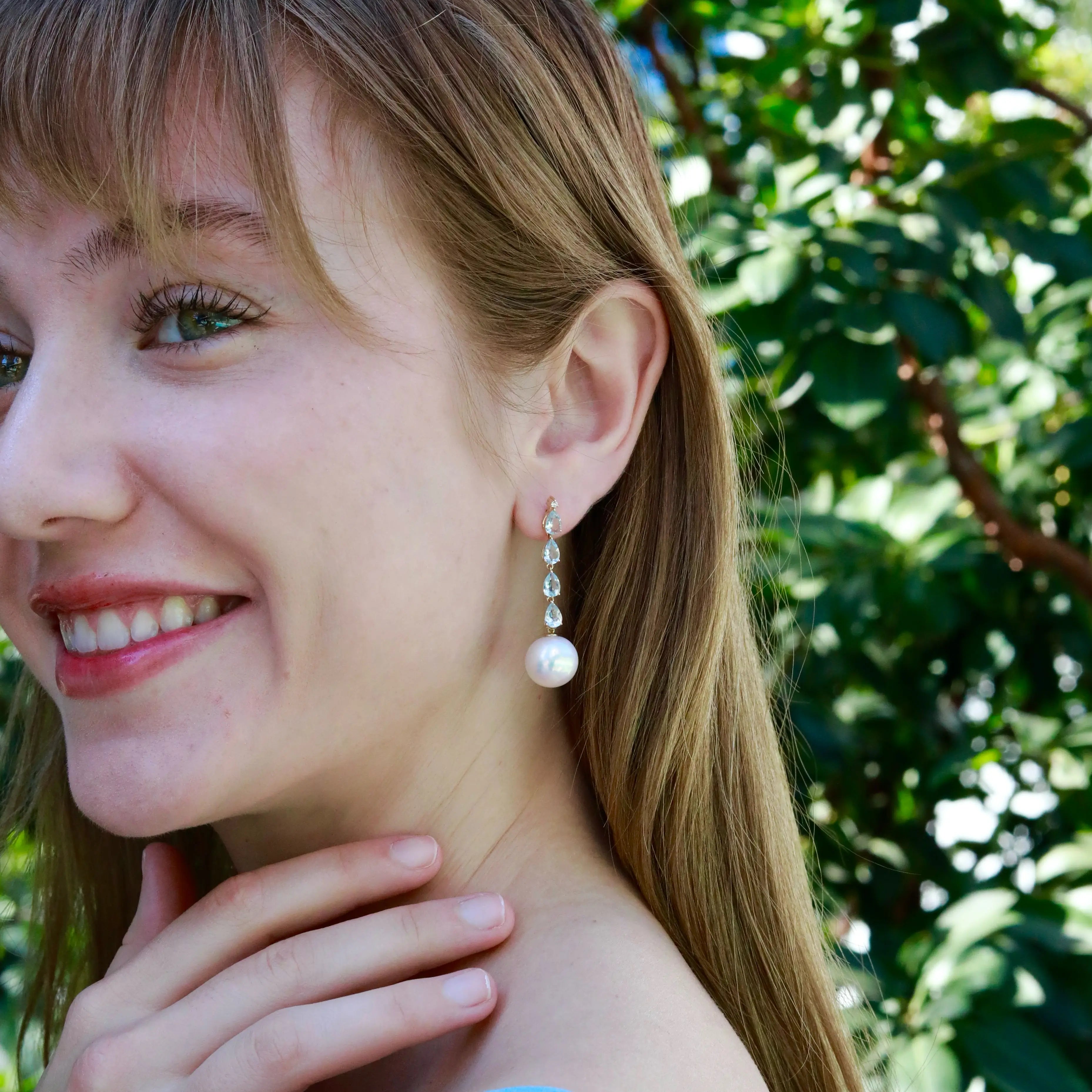 Natural Pear Cut Aquamarine Diamond and freshwater round Pearl Drop Earrings in 18K Gold