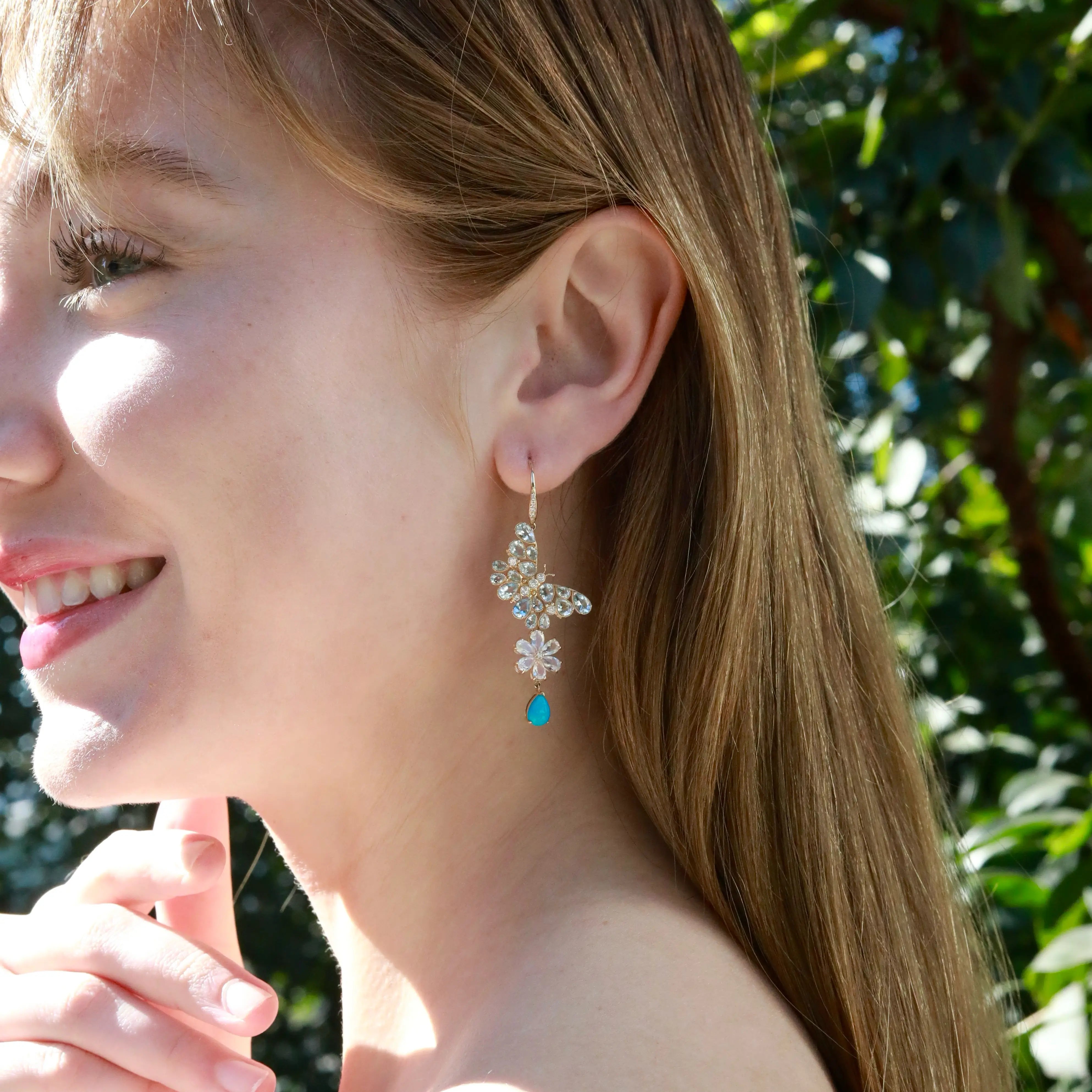 Nina Zhou Butterfly Blossom Natural Aquamarine, Moonstone, Turquoise & Diamond Convertible Drop Earrings 14k gold