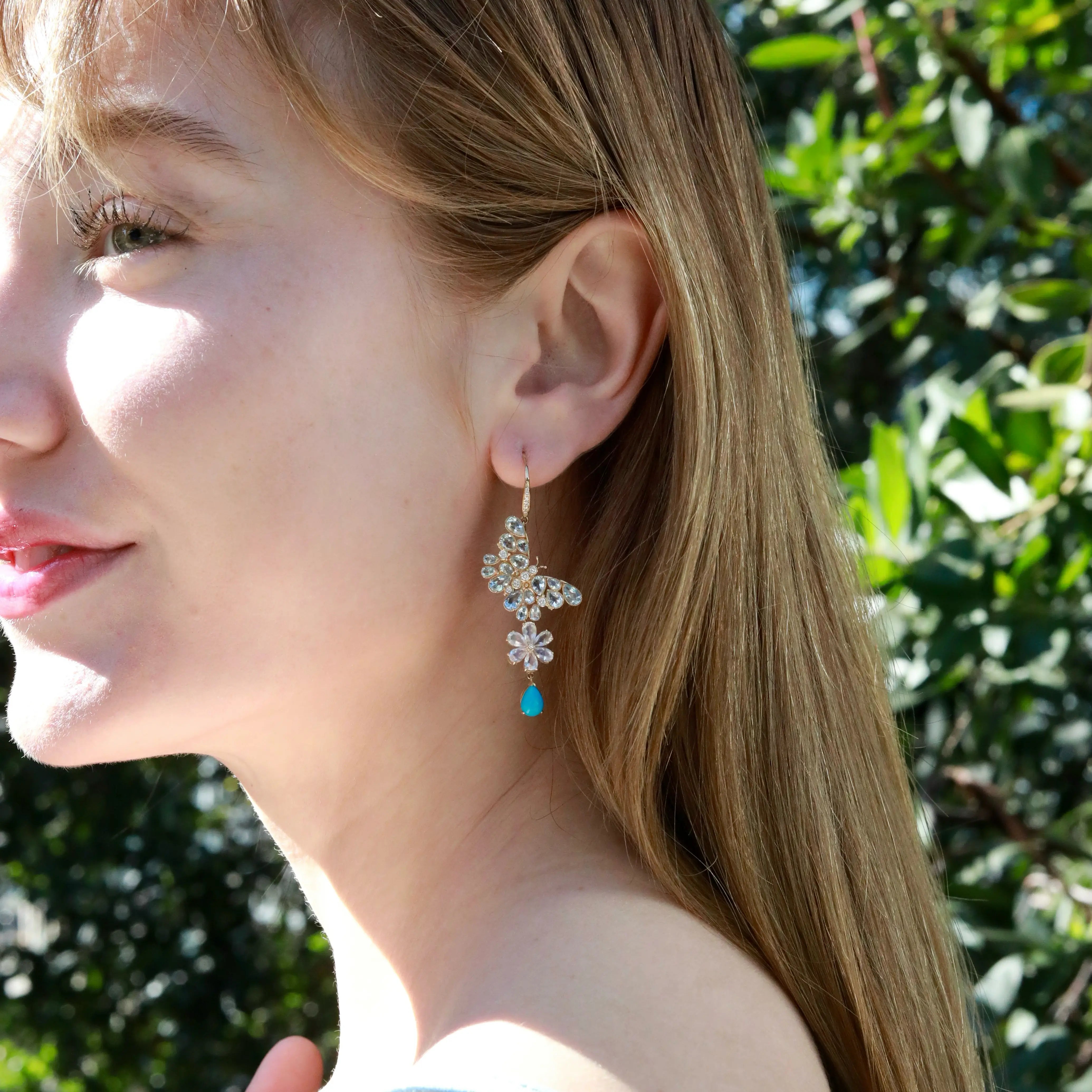 Nina Zhou Butterfly Blossom Natural Aquamarine, Moonstone, Turquoise & Diamond Convertible Drop Earrings 14k gold