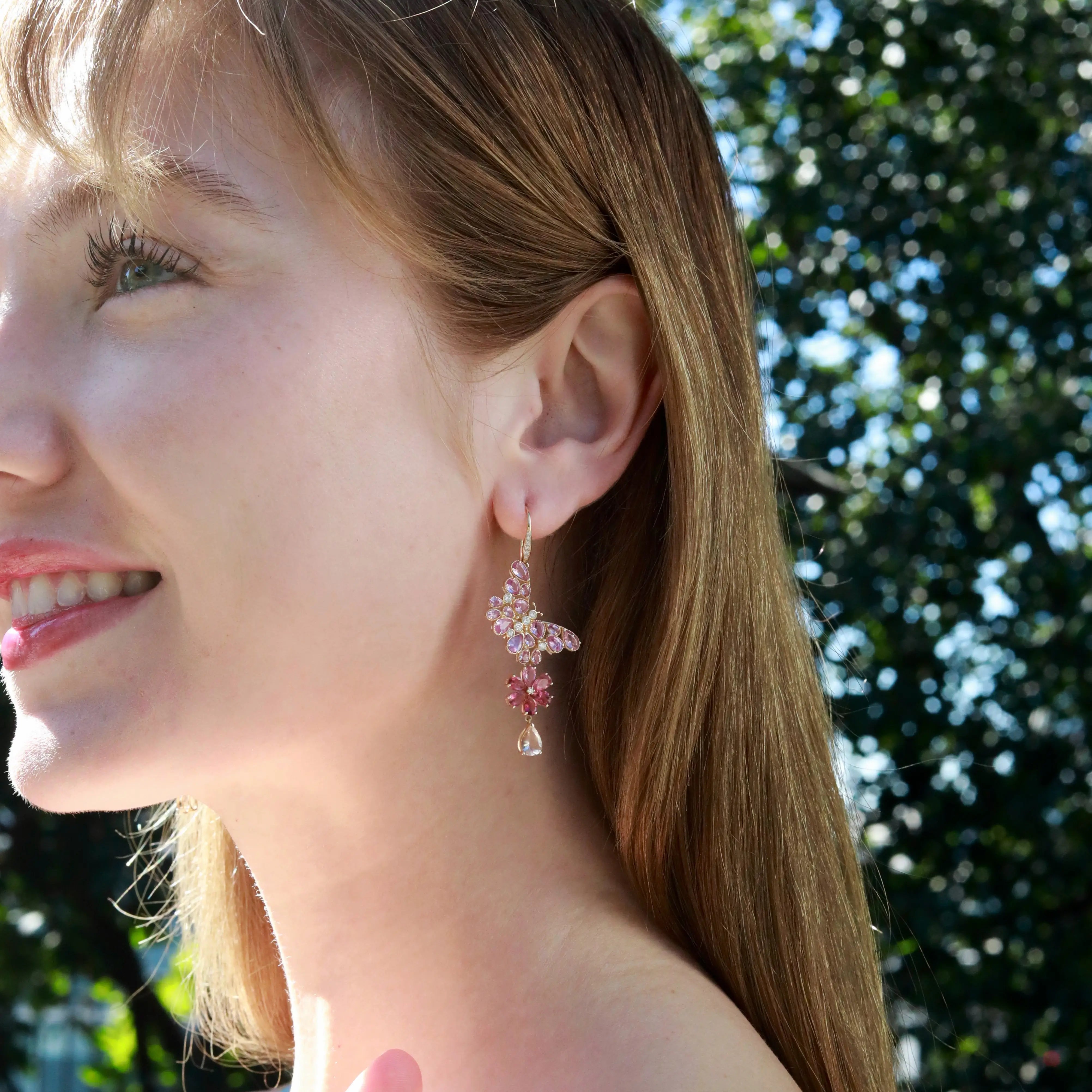 Butterfly Blossom Natural Pink Sapphire, Tourmaline, Morganite & Diamond Convertible Drop Earrings 14k yellow gold