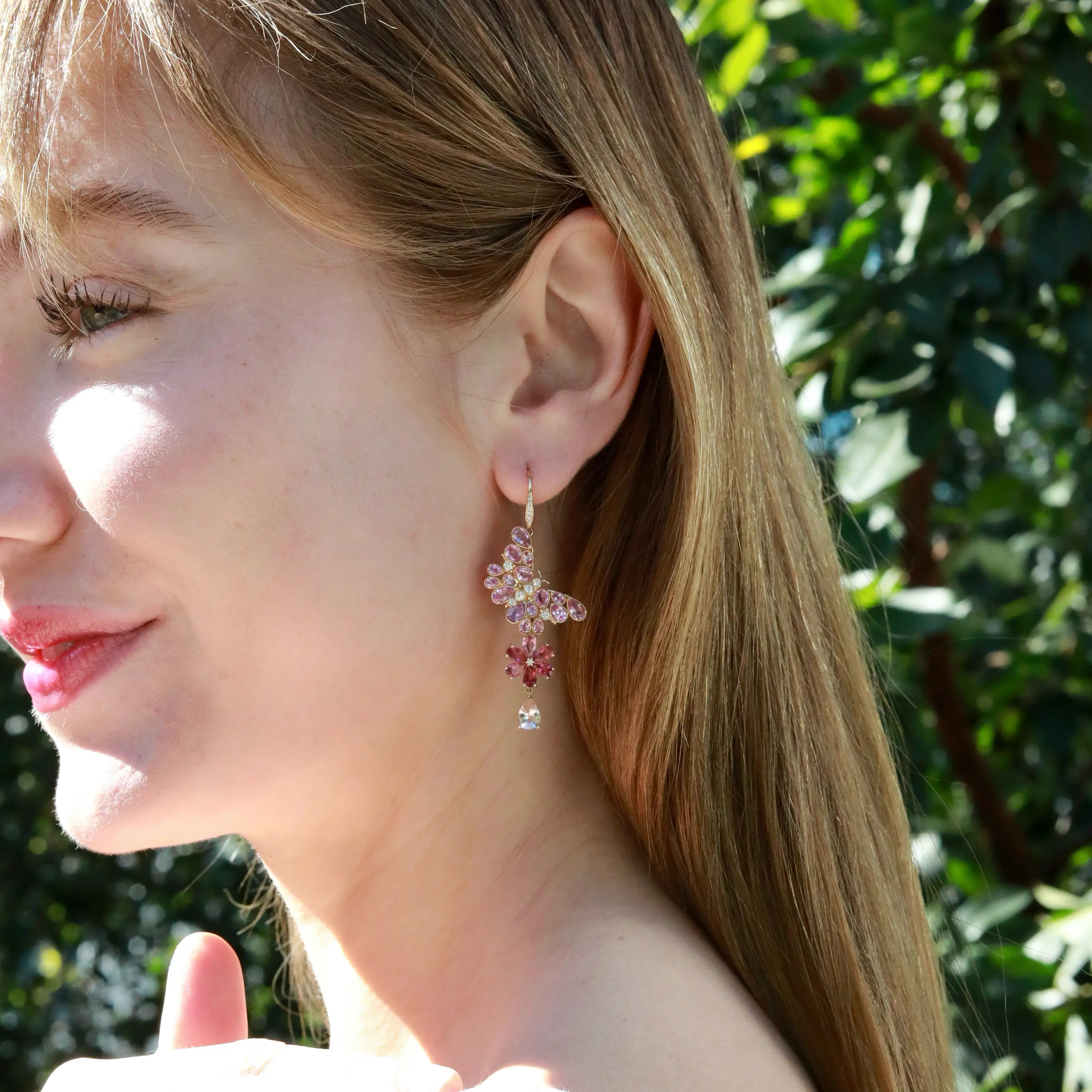 Butterfly Blossom Natural Pink Sapphire, Tourmaline, Morganite & Diamond Convertible Drop Earrings 14k yellow gold