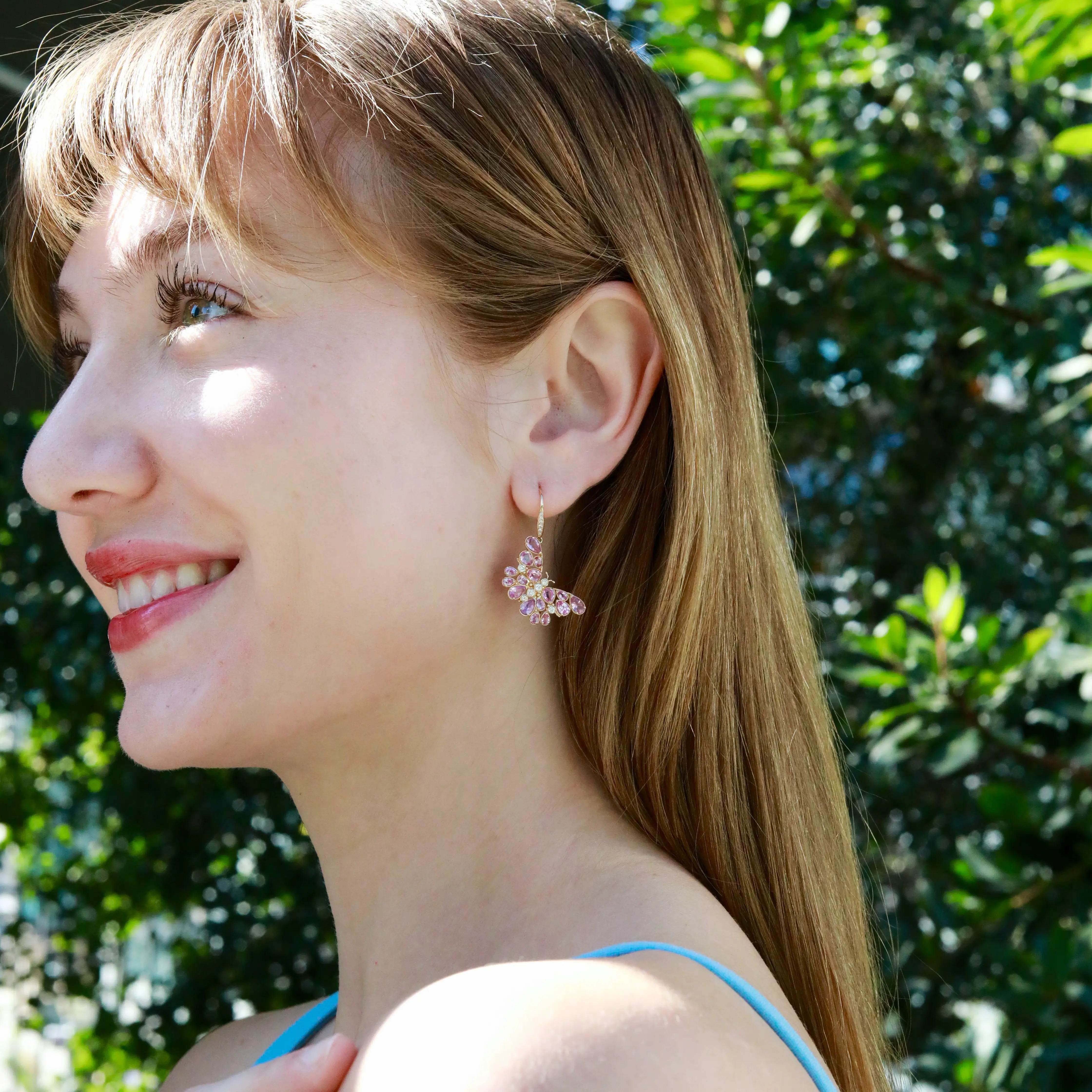 Butterfly Blossom Natural Pink Sapphire Drop Earrings 14k yellow gold