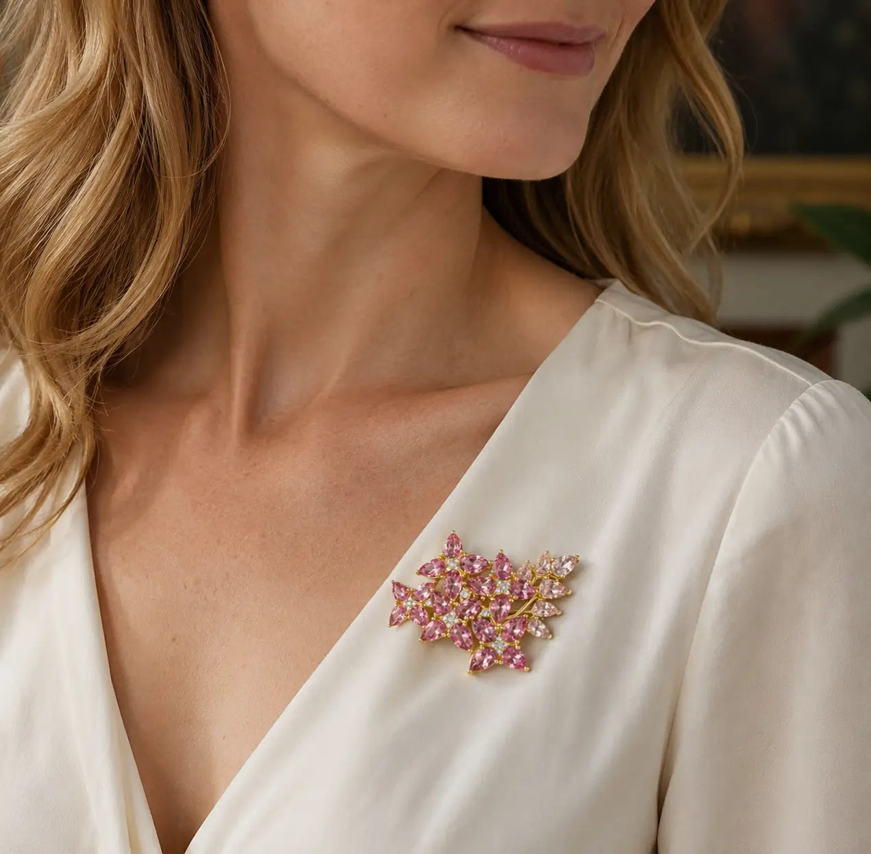 Hydrangea Blossom Pink Tourmaline Morganite Diamond Brooch/Pendant in 14k yellow gold