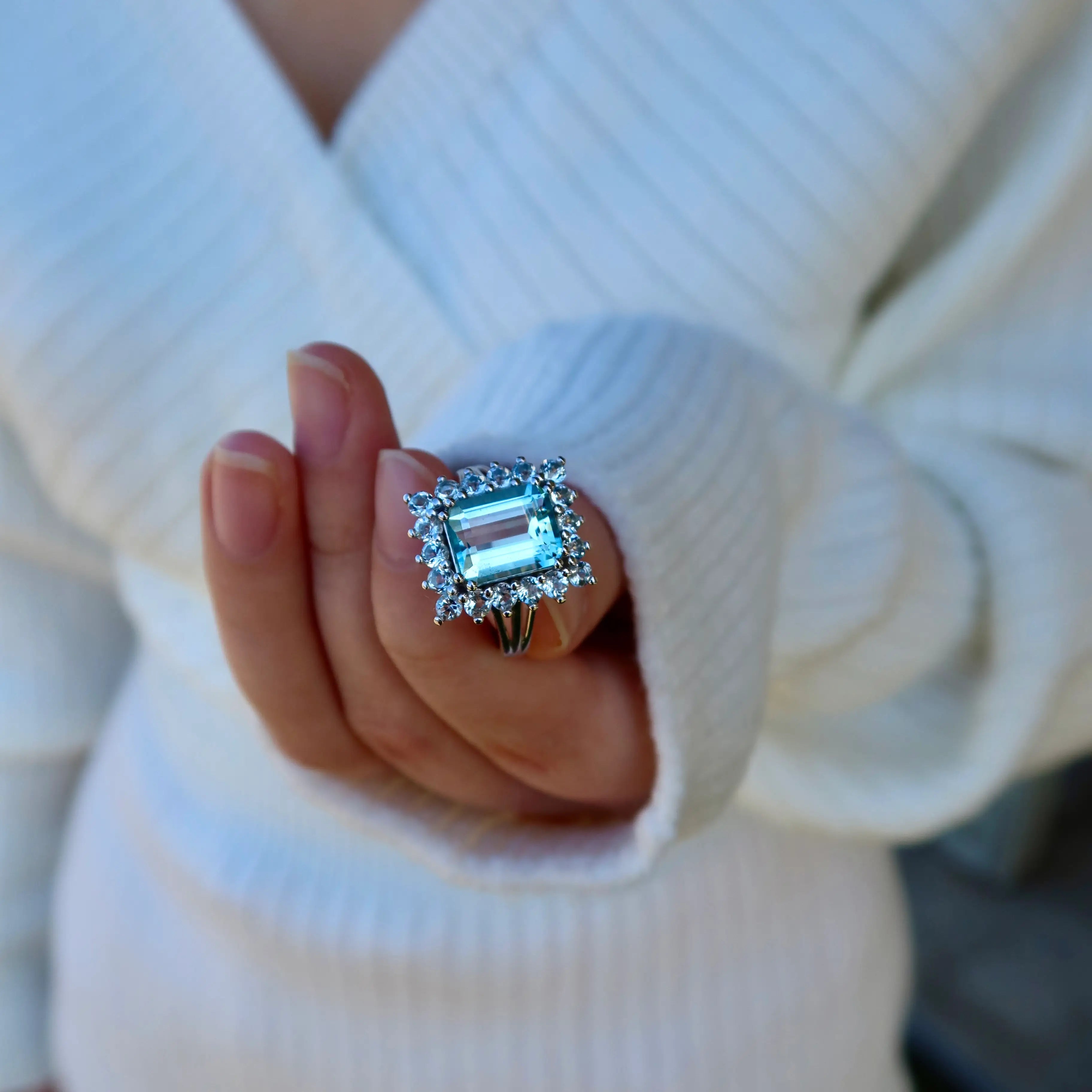 14k white gold natural Aquamarine Margeret Cocktail Ring