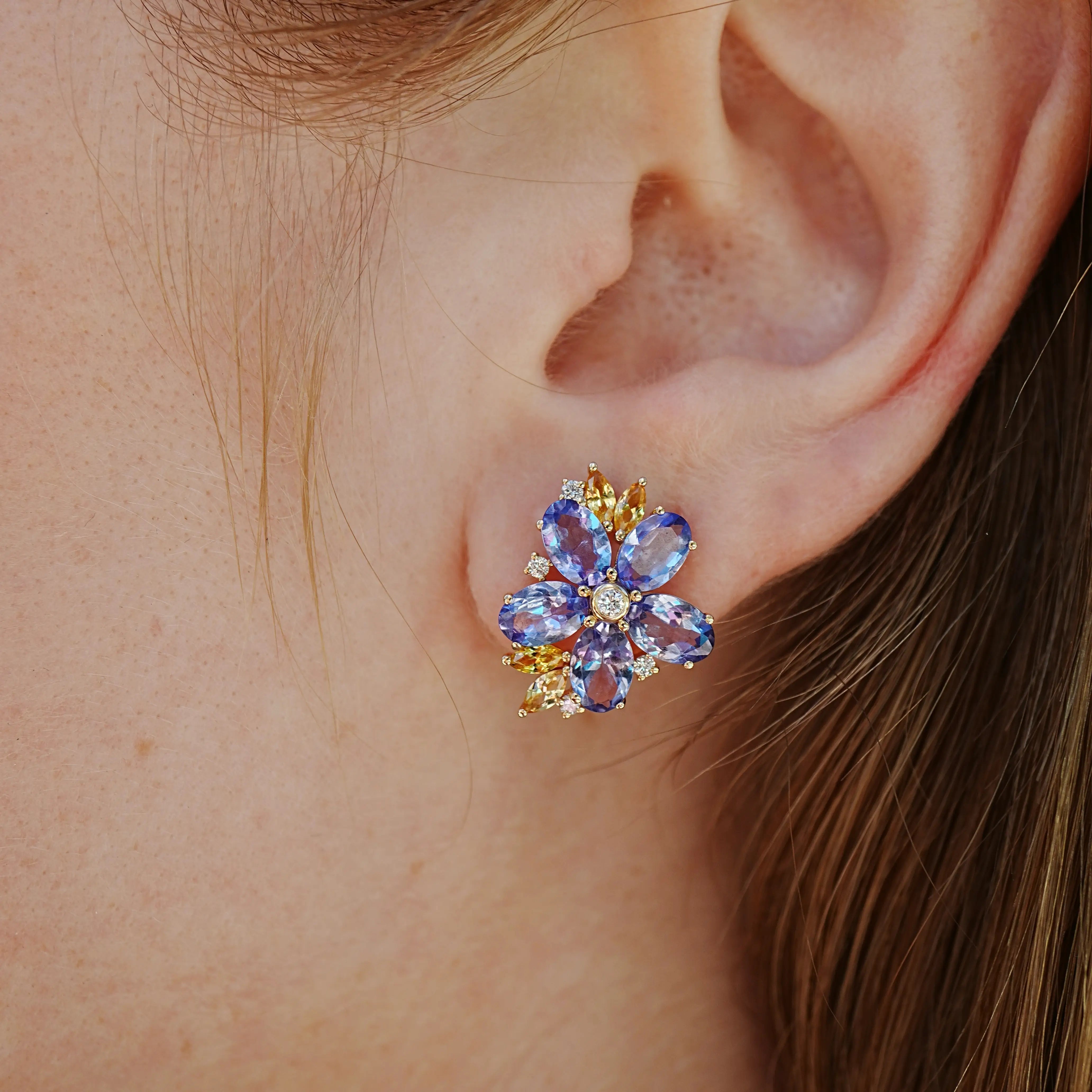 Nina Zhou Natural Tanzanite Yellow Sapphire Diamond Blossom Earrings in 14k gold