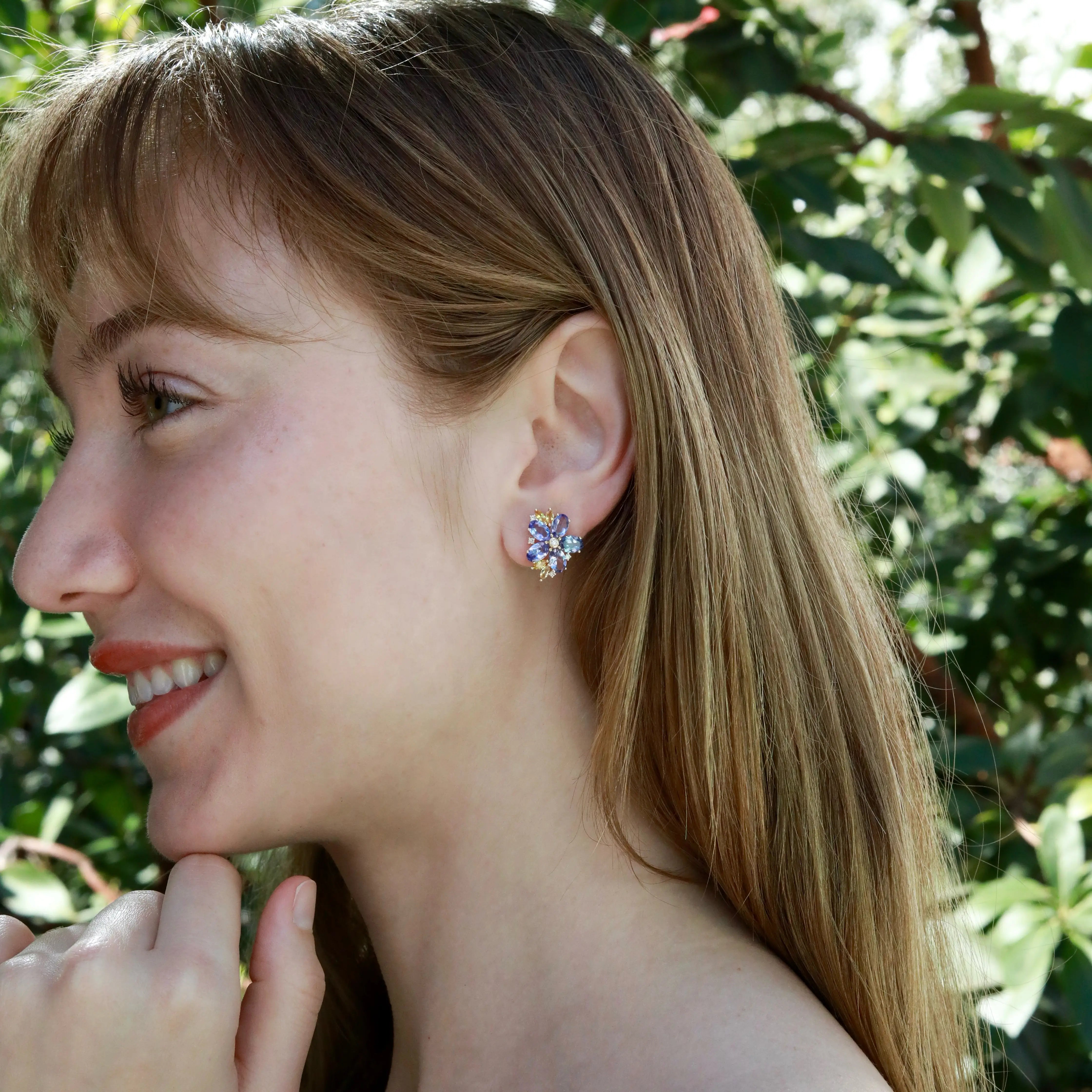 Nina Zhou Natural Tanzanite Yellow Sapphire Diamond Blossom Earrings in 14k gold