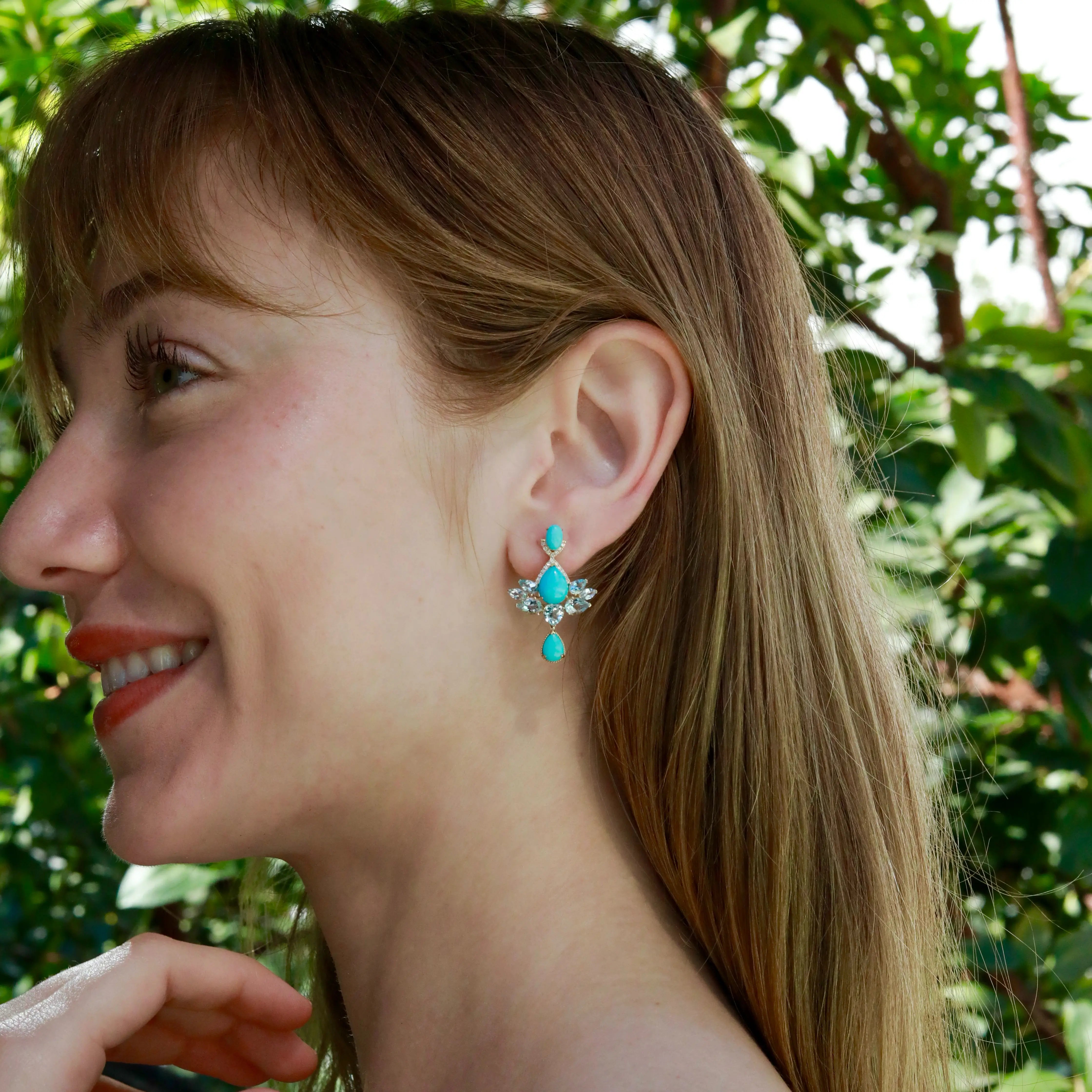 Nina Zhou Awakened Lotus Natural Turquoise Aquamarine Diamond Drop Earrings 14k gold