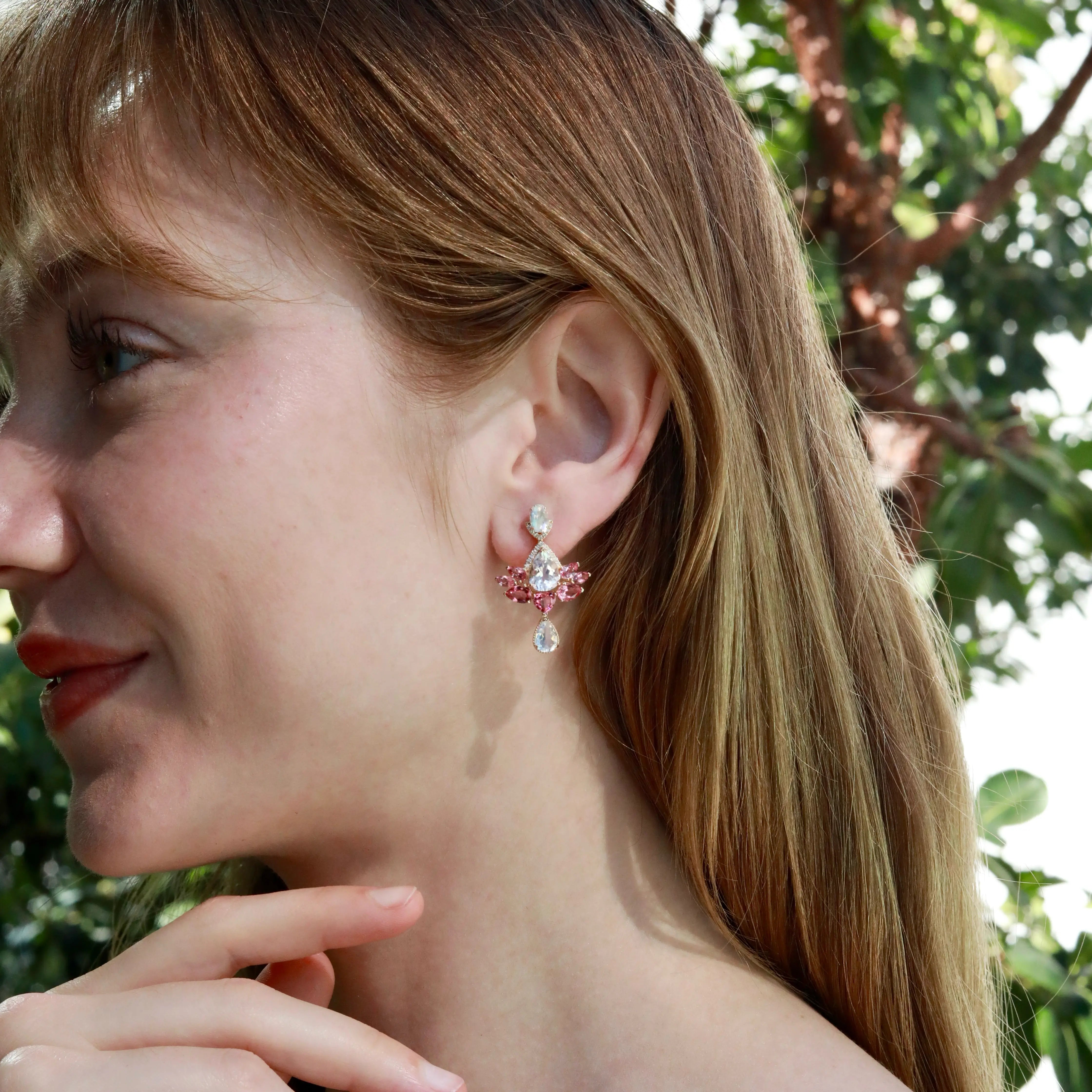 Awakened Lotus Natural Moonstone Pink Tourmaline Diamond Drop Earrings 14k yellow gold