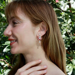 Awakened Lotus Natural Moonstone Pink Tourmaline Diamond Drop Earrings 14k yellow gold