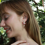 Awakened Lotus Natural Moonstone Pink Tourmaline Diamond Drop Earrings 14k yellow gold