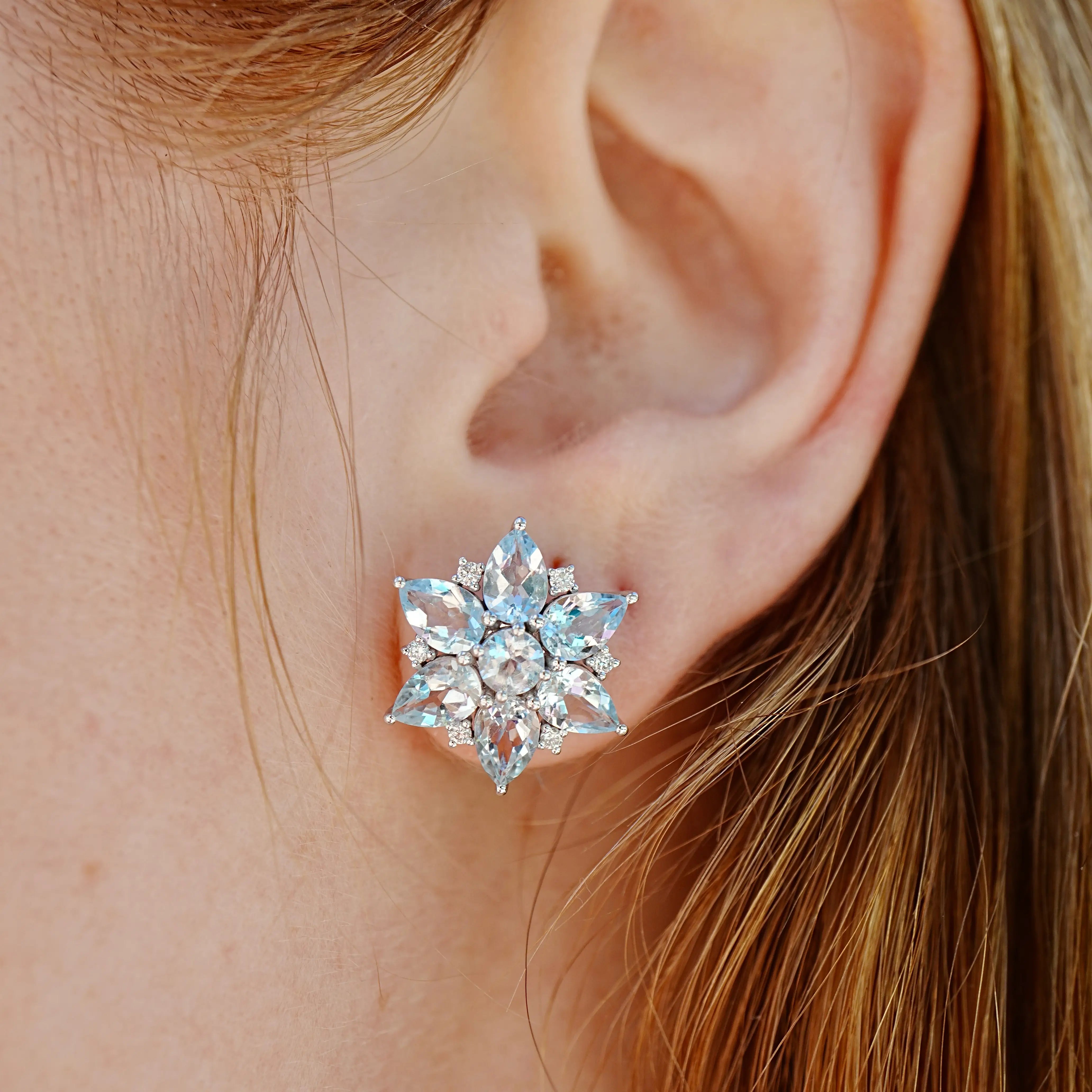 Juliet Natural Aquamarine and Diamond Snowflake Earrings in 14k gold