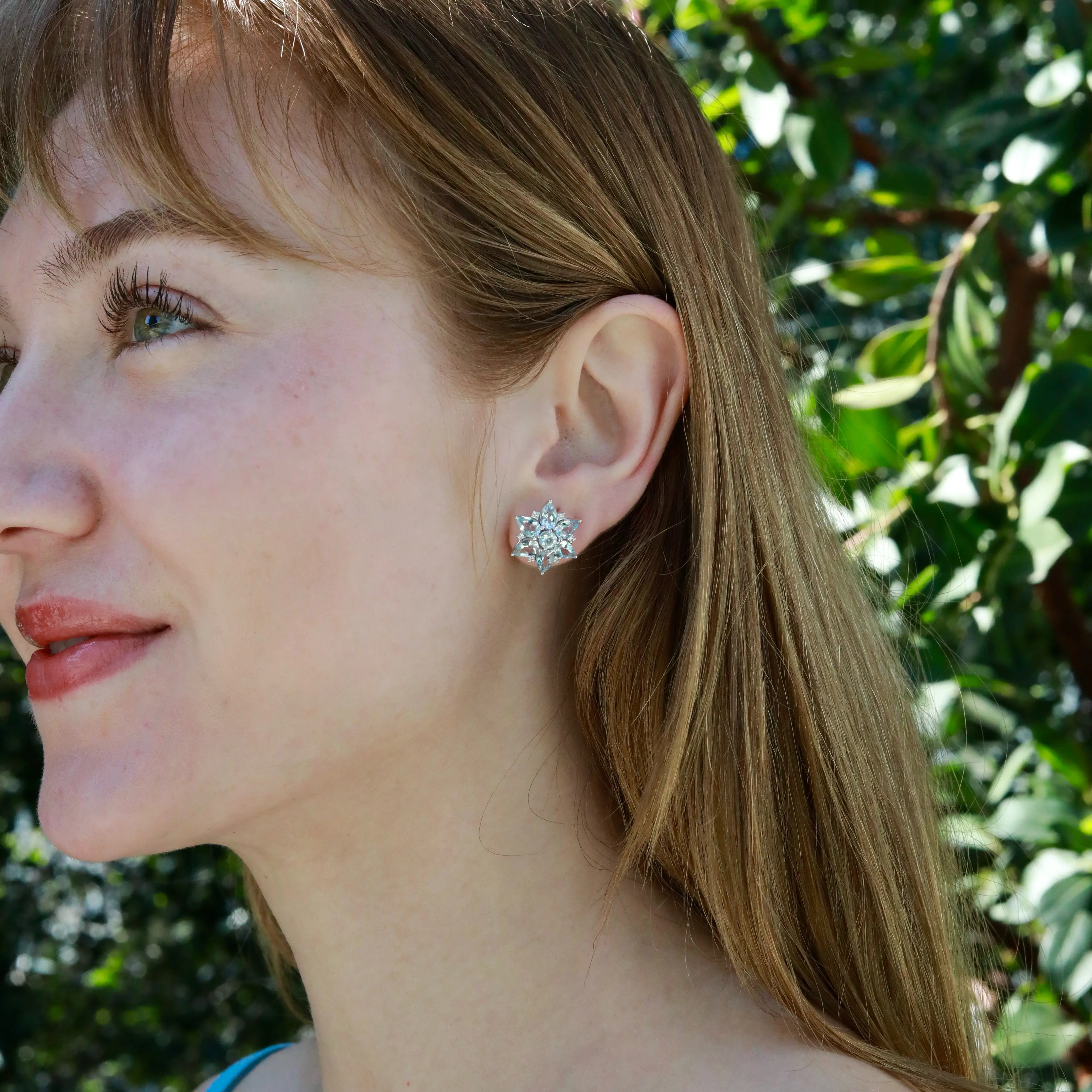 Juliet Natural Aquamarine and Diamond Snowflake Earrings in 14k gold