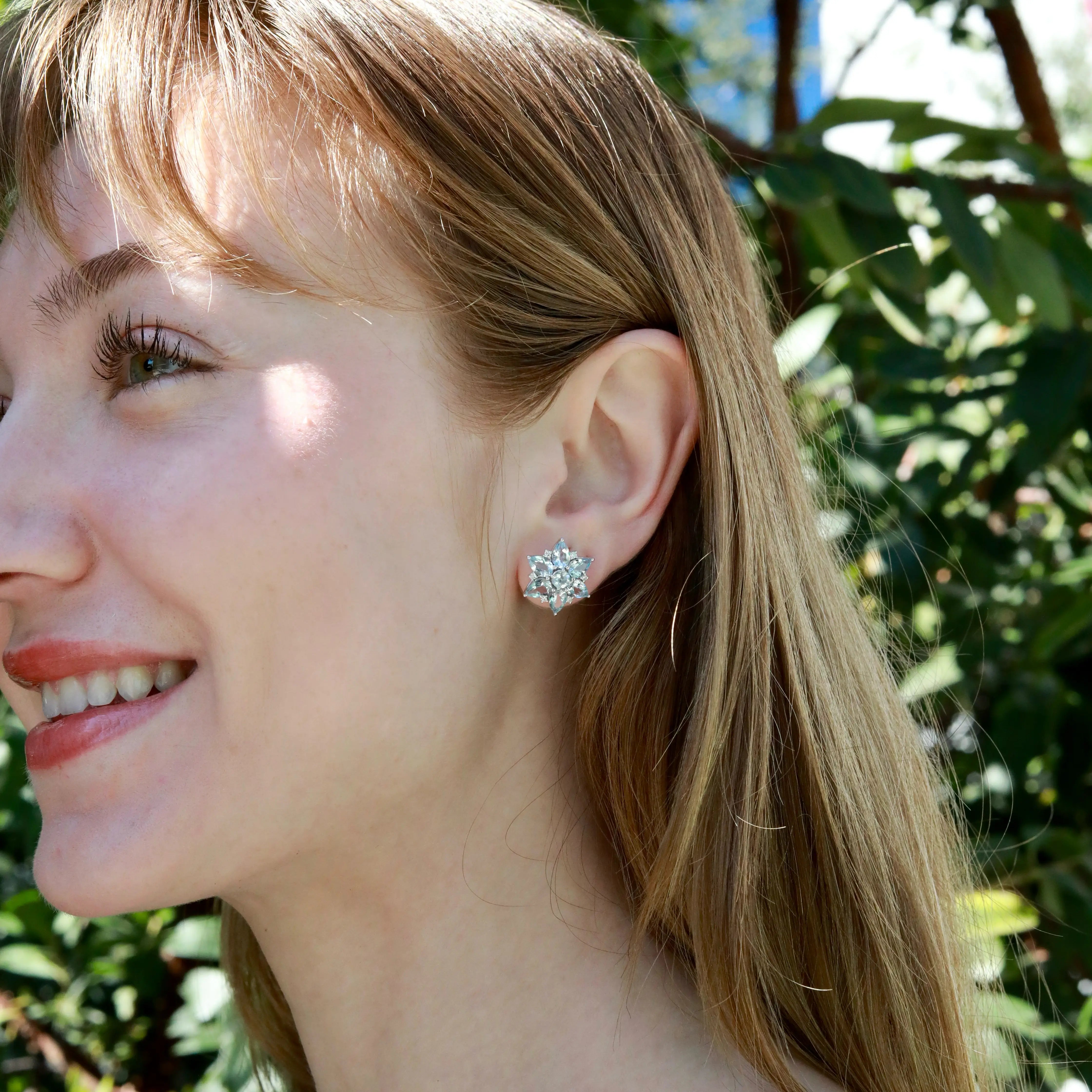 Juliet Natural Aquamarine and Diamond Snowflake Earrings in 14k gold
