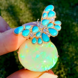 Nina Zhou One Of A Kind Natural Turquoise Diamond Butterfly on Opal Convertible Brooch-Pendant in 14k gold