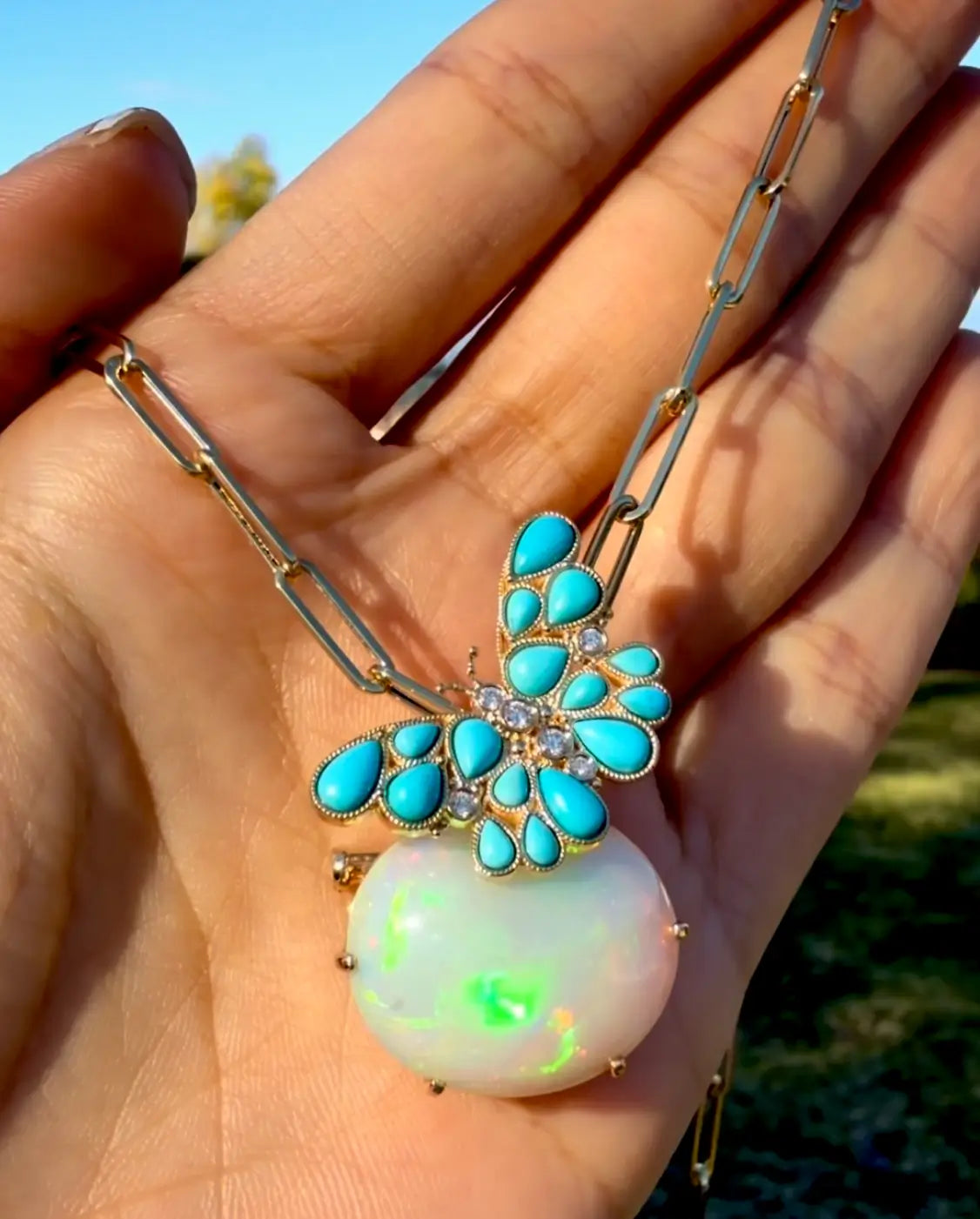 Nina Zhou One Of A Kind Natural Turquoise Diamond Butterfly on Opal Convertible Brooch-Pendant in 14k gold
