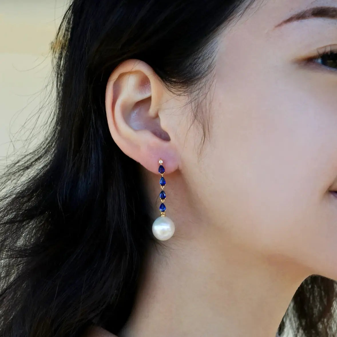 Rhythm Natural Blue Sapphire Diamond and Cultured Pearl Drop Earrings 14k Yellow Gold