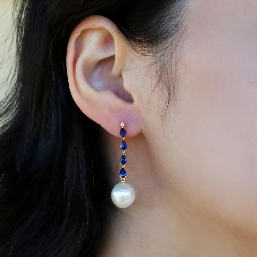 Rhythm Natural Blue Sapphire Diamond and Cultured Pearl Drop Earrings 14k Yellow Gold