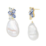 Elizabeth Sapphire, Aquamarine and Diamond Cluster Baroque Pearl Drop Earrings