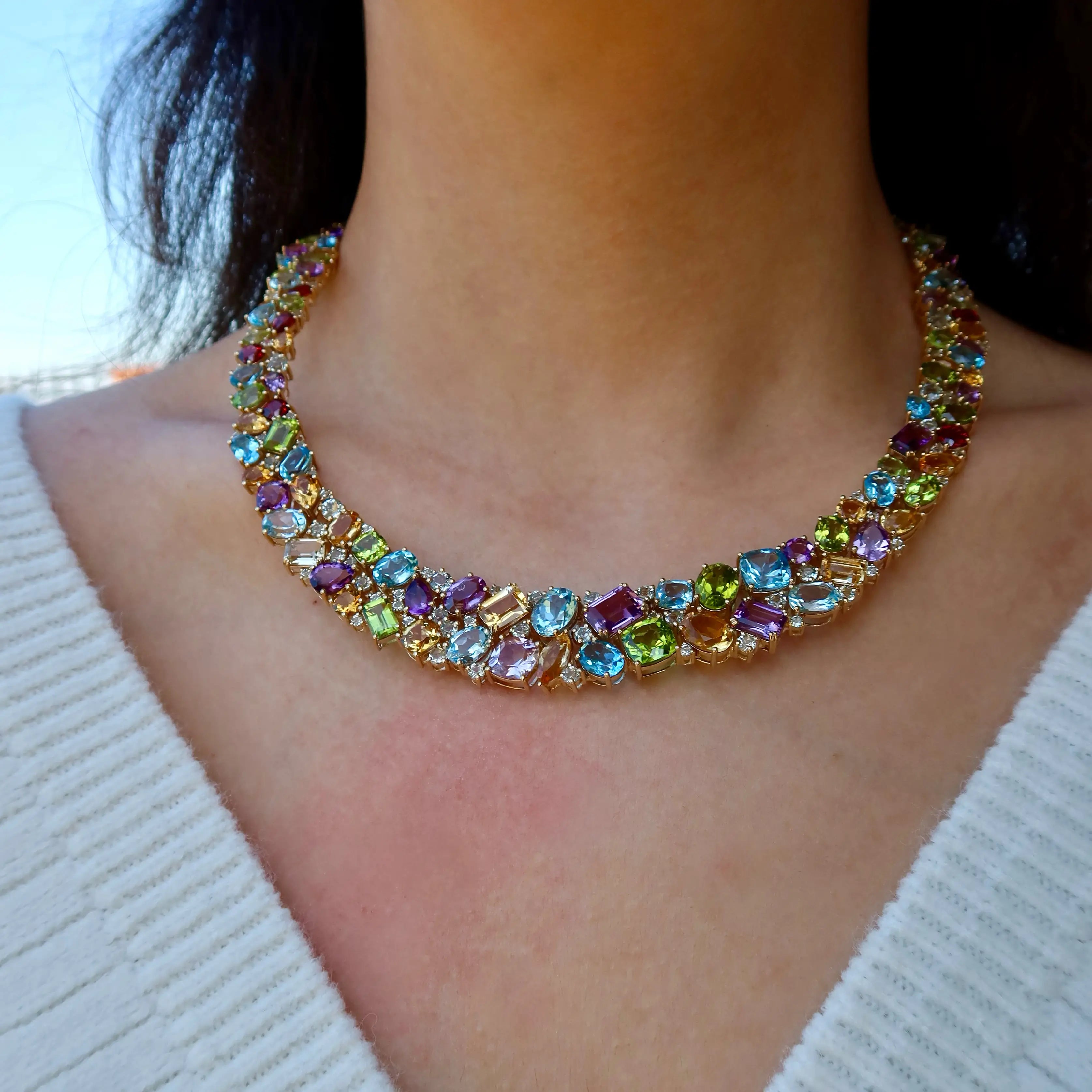 Aquamarine, Topaz, Amethyst, Peridot, Citrine, Garnet collar necklace luxury jewelry 