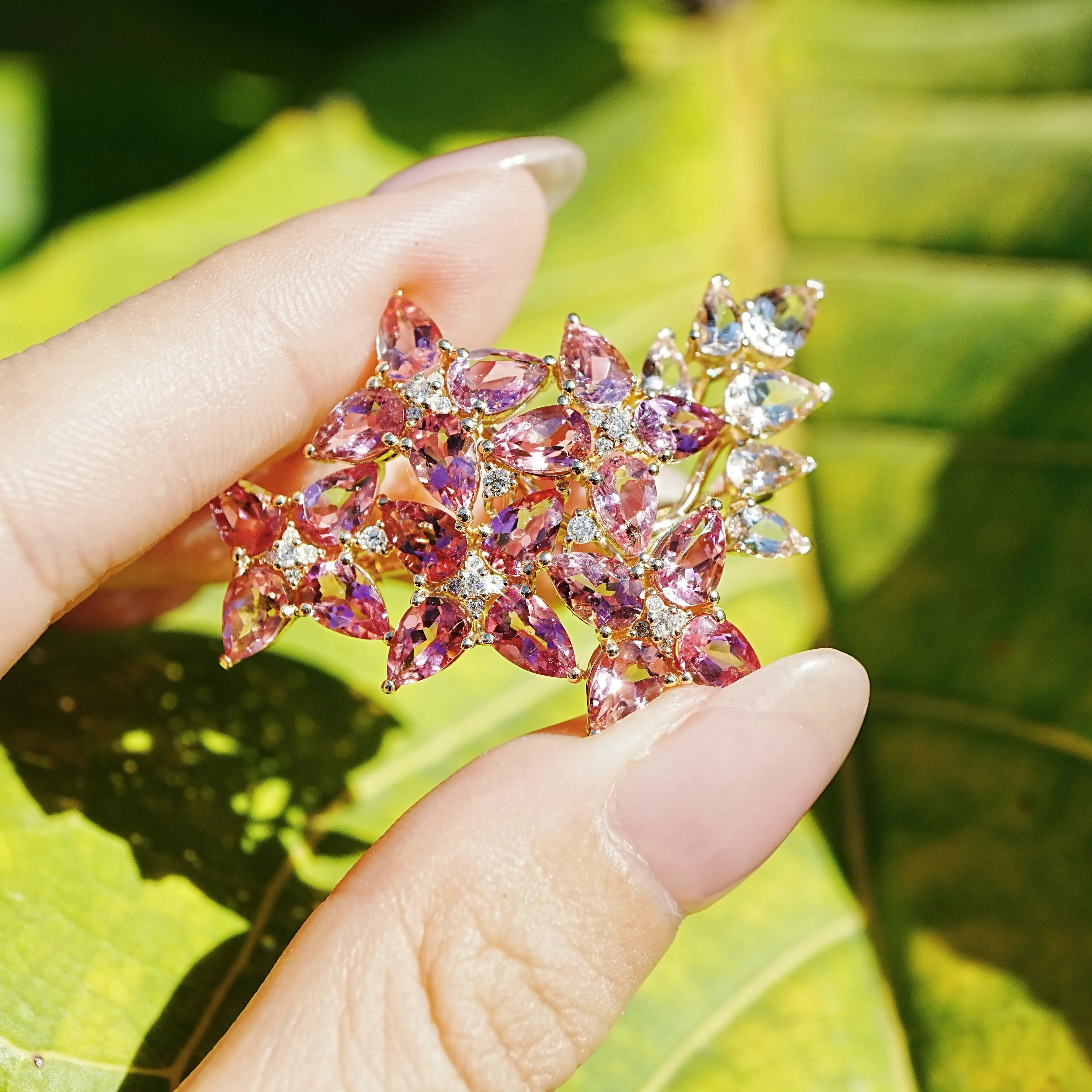 Hydrangea Blossom Pink Tourmaline Morganite Diamond Brooch/Pendant in 14k yellow gold