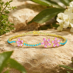 Blossom Natural Pink Sapphire & sleeping beauty Turquoise Diamond Bracelet in 14k yellow gold