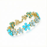 Natural Turquoise Aquamarine Diamond Cherry Blossom Bracelet in 14k Gold