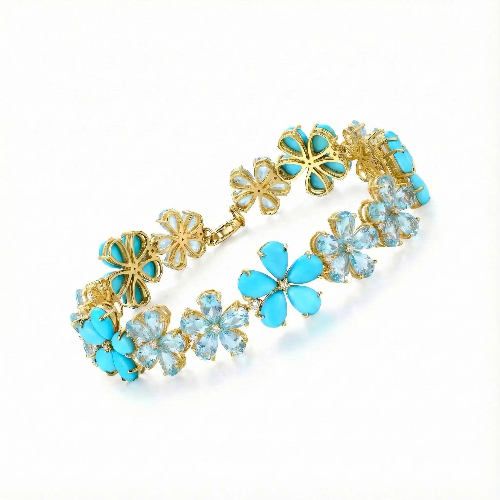 Natural Turquoise Aquamarine Diamond Cherry Blossom Bracelet in 14k Gold