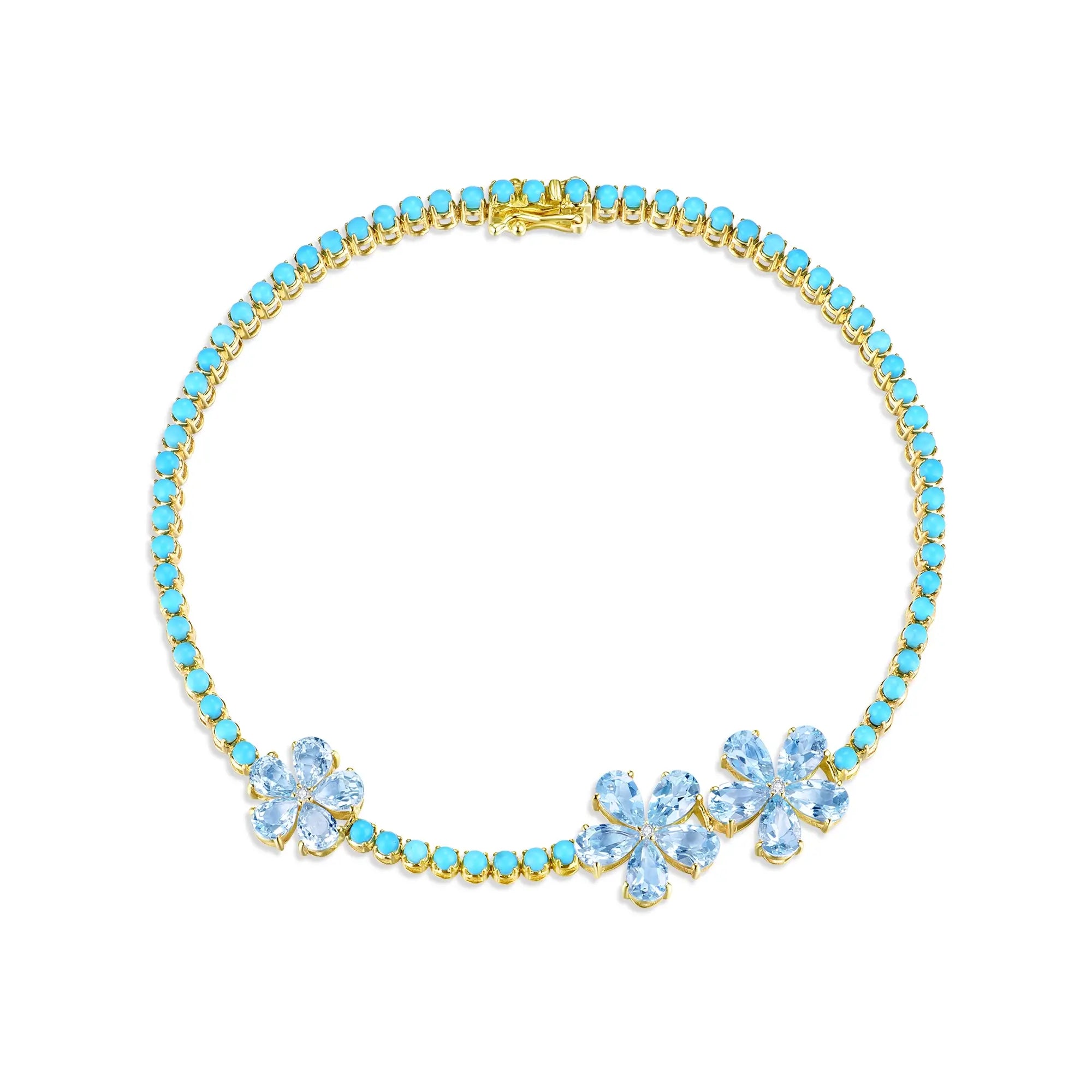 Blossom Natural Aquamarine  & sleeping beauty Turquoise Diamond Bracelet in 14k yellow gold