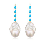 Rhythm Natural Turquoise Diamond and Baroque Pearl Drop Earrings 14k yellow gold