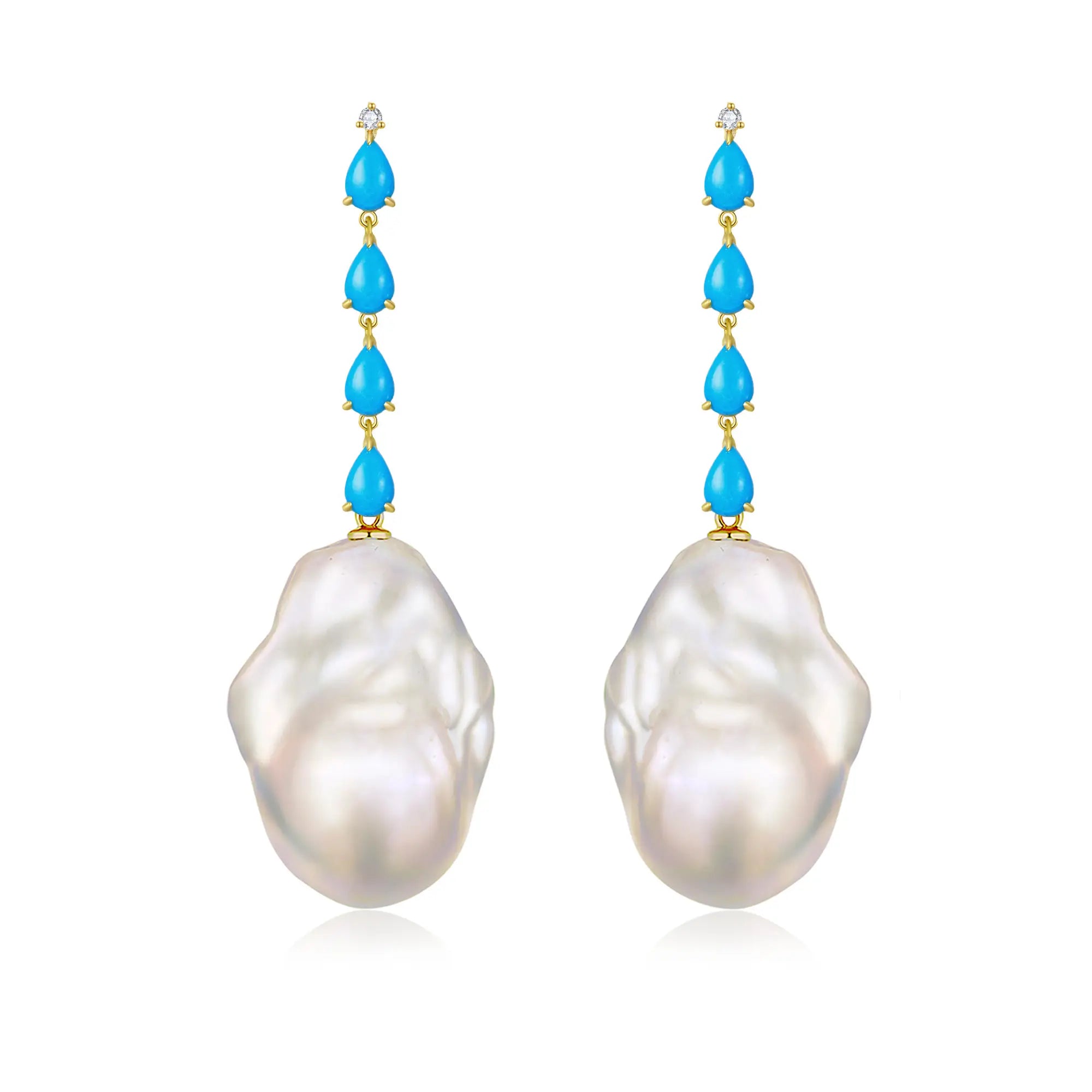Rhythm Natural Turquoise Diamond and Baroque Pearl Drop Earrings 14k yellow gold