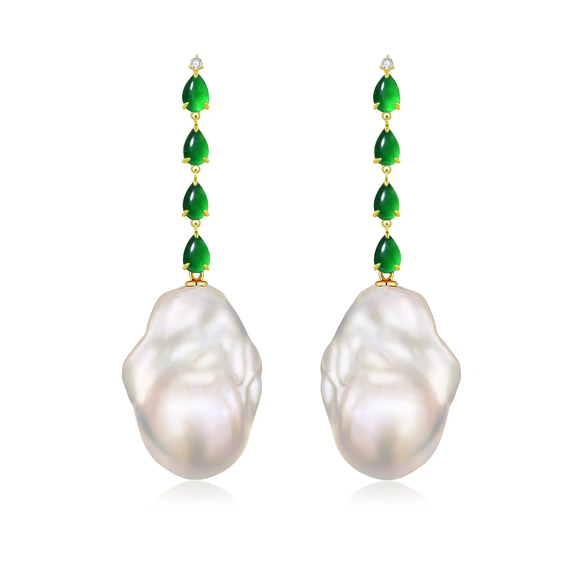 14k Rhythm Natural Jadeite Diamond and Baroque Pearl Drop Earrings