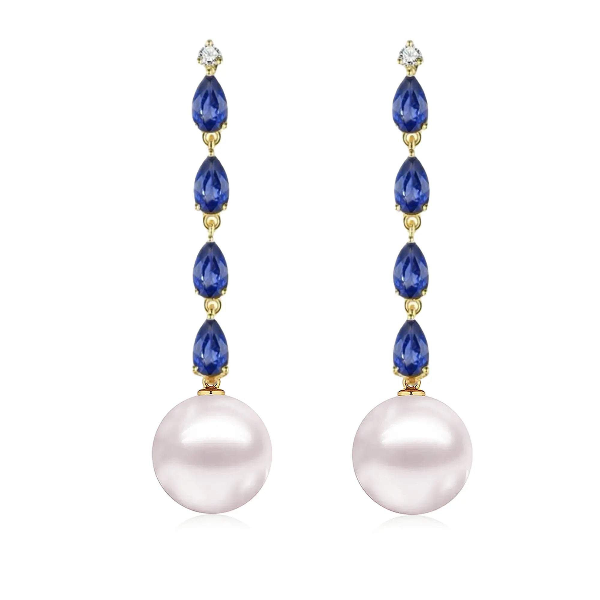 Rhythm Natural Blue Sapphire Diamond and Cultured Pearl Drop Earrings 14k Yellow Gold